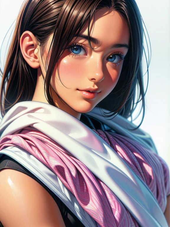 (best quality,4k,8k,highres,masterpiece:1.2),ultra-detailed,(realistic,photorealistic,photo-realistic:1.37),vibrant, warm quilt-wrapped,close-up pro portrait of a young woman,cel-shading,bold outlines,flat colors,sharp shadows,graphic style,(manga-inspired:1.3),clean line art,impressive visuals,comic