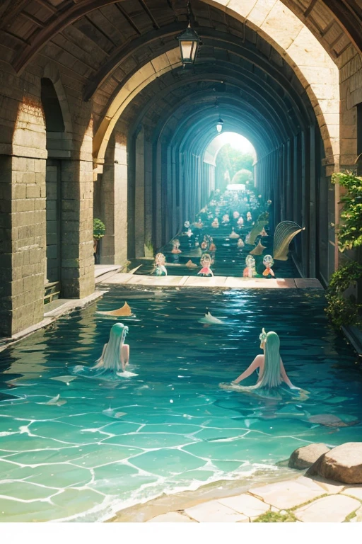 a group of mermaids swimming in a tunnel, inspired by Yanagawa Nobusada, deviantart contest winner, conceptual art, parody, [ [ hyperrealistic ] ], canals, fujifilm”