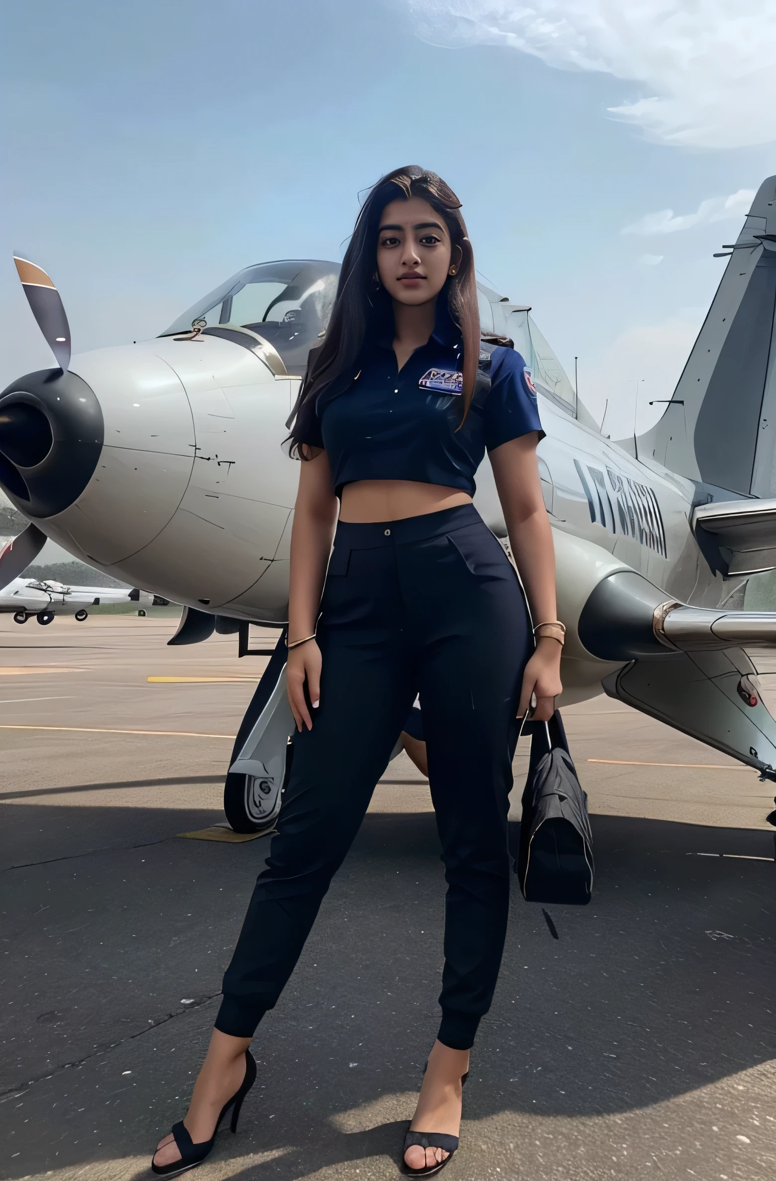 (Ananya Pandey:1.1),21 yo,Indian woman,pilot's uniform,(perfect view,perfect anatomy),(realistic,realism:1.2),(full body view:1.1)
