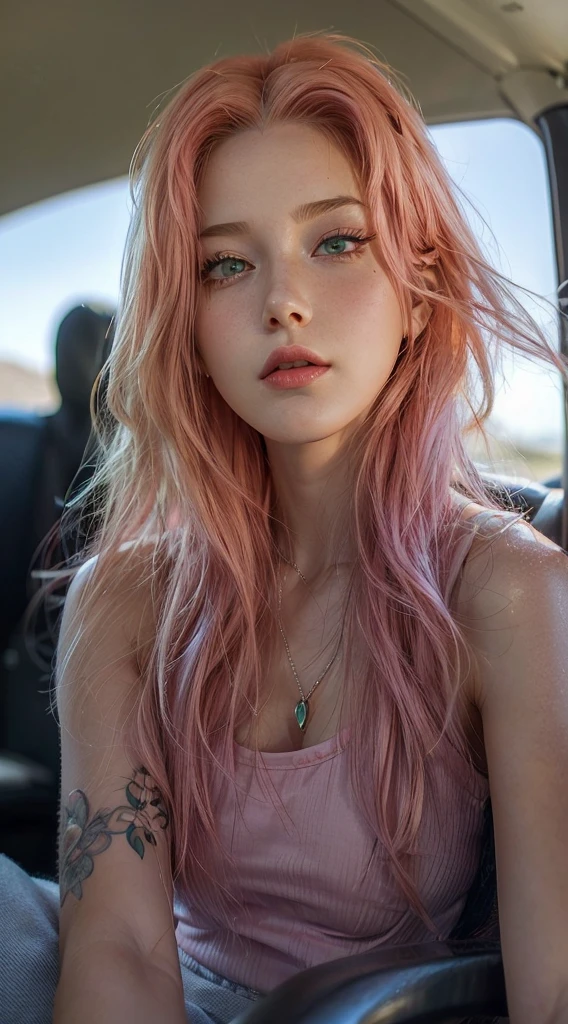 young woman, short shoulder-length pink hair, wide forehead, porcelain skin, pink eyebrows, big emerald green eyes, buttoned nose, full lips, heart-shaped face, slender body, small breasts, red tank top, Sakura Haruno , realistic, realism, details, 3d, well detailed
