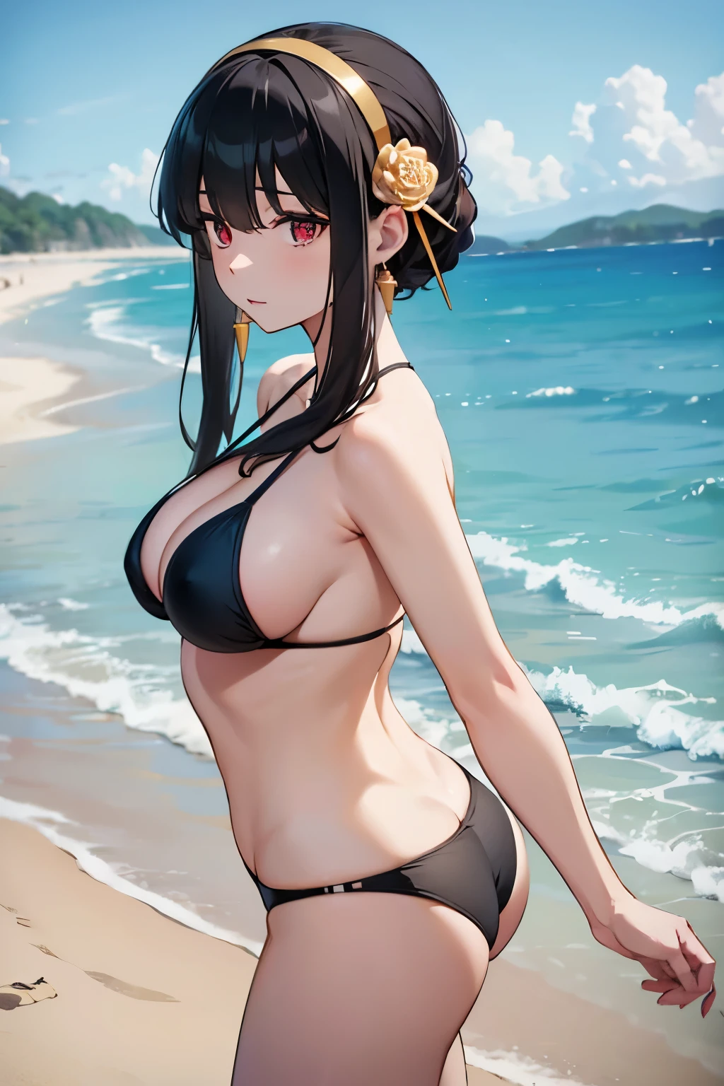 masterpiece, best quality, highres, aayorf, sidelocks, black hairband, hair ornament, red eyes, gold earring, large breasts, black bikini, cowboy shot, standing, beach, from side,