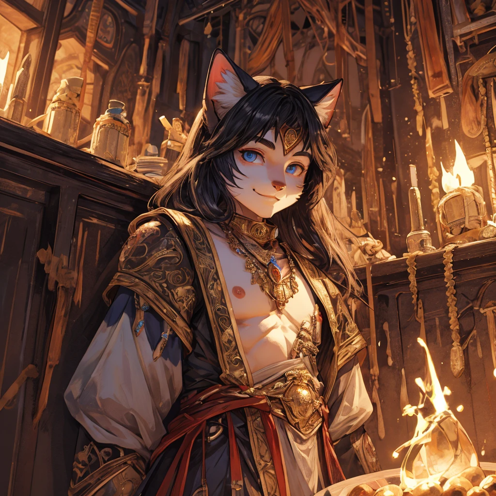 Cat Beastman、(サードアイのgirl)、highest quality、masterpiece、Ultra-high resolution、(Realistic:1.4)、Crisp and beautiful image quality、alone、girl、Forehead gem、Machinery Armor、cat ears girl、Third Eye、smile、close your eyes