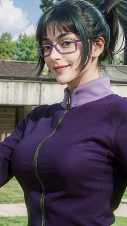 masterpiece, best quality, 1girl,,big breasts,long hair, green colours hair,brown eyes,purple suiter,purple eye glasses, seductive smile.