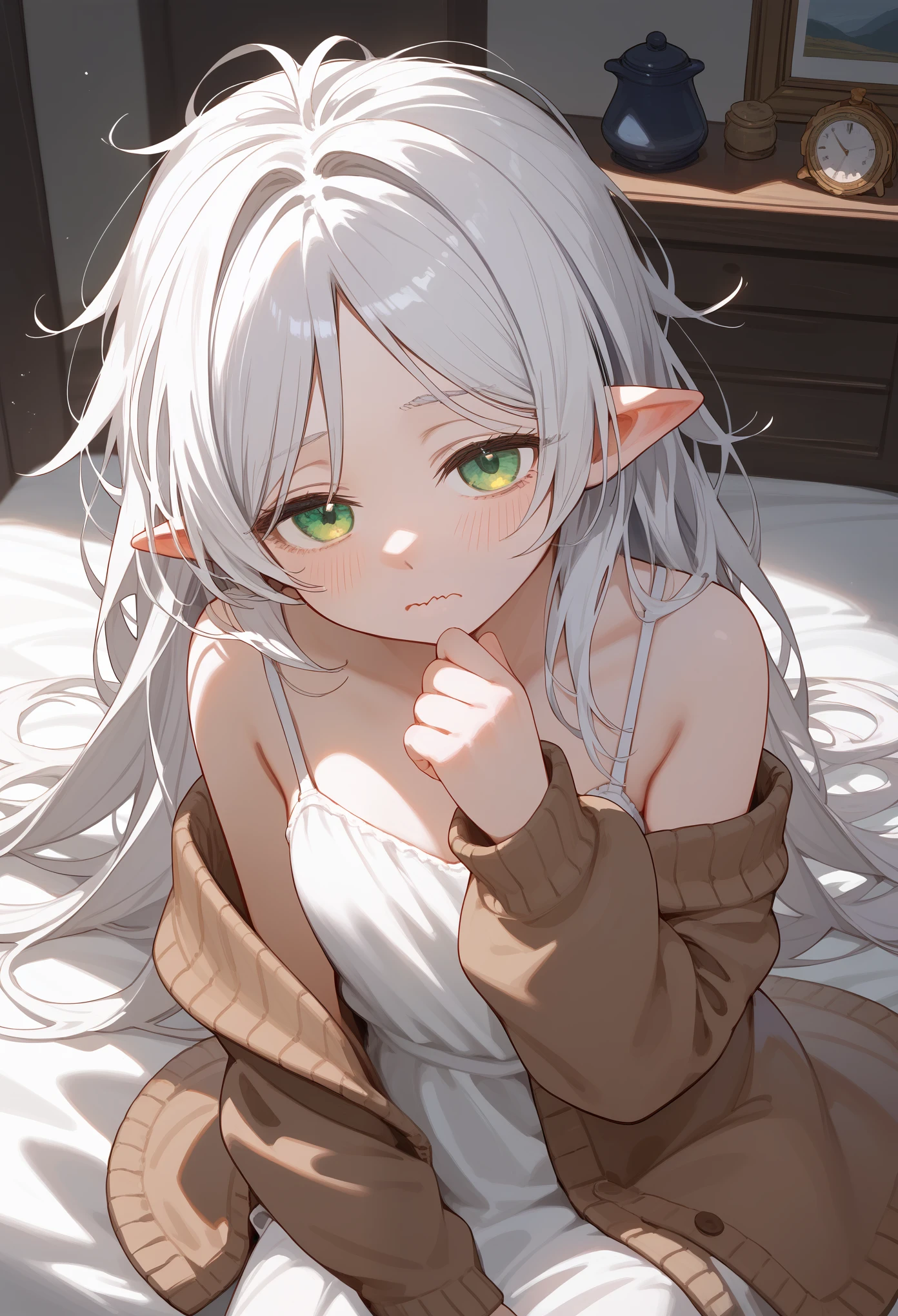 masterpiece, best quality, (score_9, score_8_up, score_7_up), 1girl, solo, FrierenSleepwear, green eyes, white hair, long hair, messy hair, white dress, spaghetti straps, sleeveless dress, brown cardigan, sitting on bed, wariza, hand scratching eye, delicate hands, sleepy, wavy mouth, looking at viewer, from above, indoors, masterpiece, best quality
