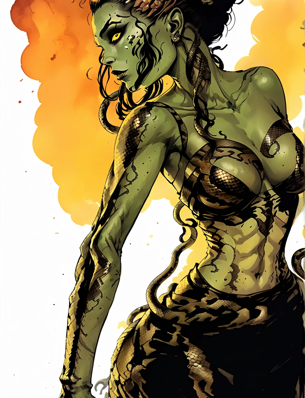 Medusa, splash page decompressed comic cover art, ink style figure,((expressive Joelle Jones and "Sean Gordon Murphy" comic drawing)), wordless, cinematic poster, double exposure, optical illusion, image within image, abyss void black no visibility darkness, full length portrait, (background, pine barrens, entropy, rewilding, magic hour sunset, galaxy stars, cosmos), (horror, abstract, surreal, body, cosmic), candid, snake skin dress, morphology anatomy drawn Frederic Delavier musculature anatomical illustration, (face, ornate black metal corpse paint, resembles Grace Jones), (body, Naga, snakefolk, lower body snake tail, snake woman hybrid, bald, hairless, skeleton, snake skin tattoos, piercing eyes, snake pupils, over the shoulder), (colors, bleak muted deep fiery radiant glowing ROYGBIV, forest green, earth brown), craftsmanship nuance, (Gerardo Zaffino charcoal), subliminal orchids, nyctophobia, silhouette