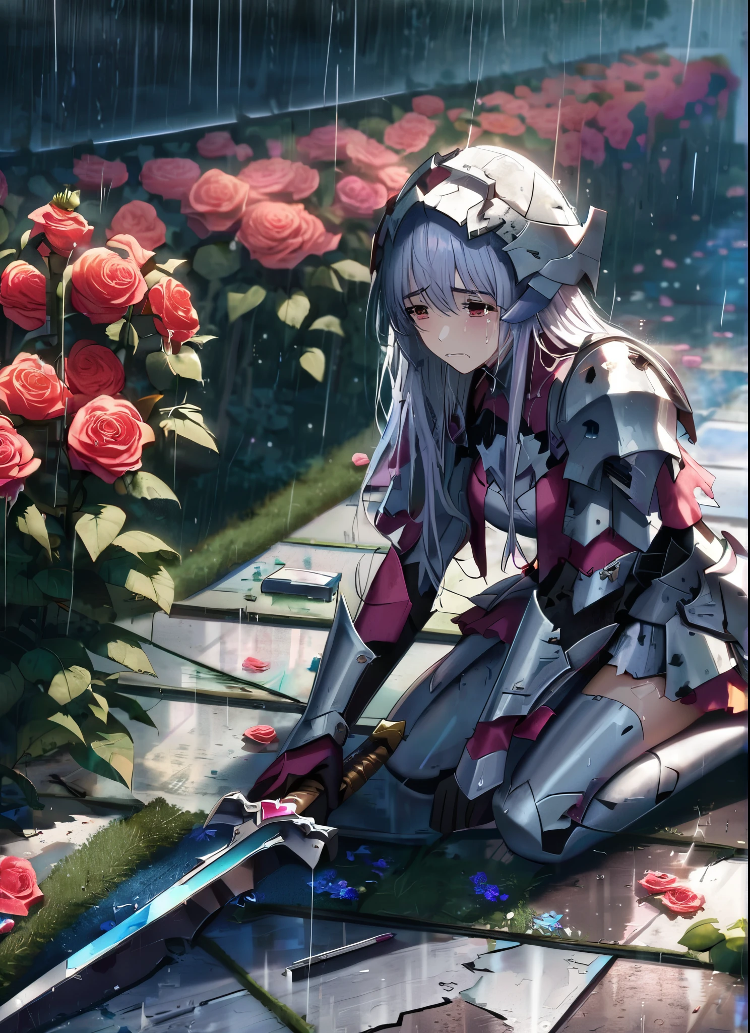 A girl, kneeling in the floor, wearing a ultra shattered and ultra broken cute lovely armor, lot of missing pieces, very damaged armor ,ripped clothes, broken helmet ,broken shield and broken sword, in tears, sad, dramatic scene, tears flowing in the face, garden, roses, rain, ultra detailed face