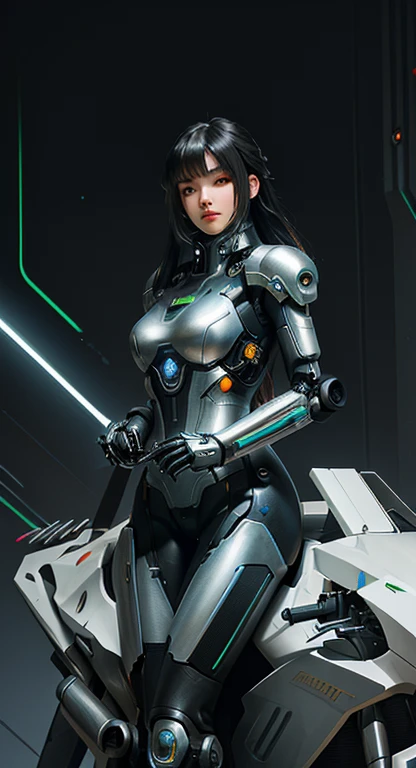 woman in futuristic suit sitting on motorbike, cyberpunk art, fantasy art, perfect android girl, girl in mecha cyber armor, cute girl, android heroine, wearing armor Sci-fi military, bright lighting, shiny metallic armor, extremely detailed mechanical backdrops