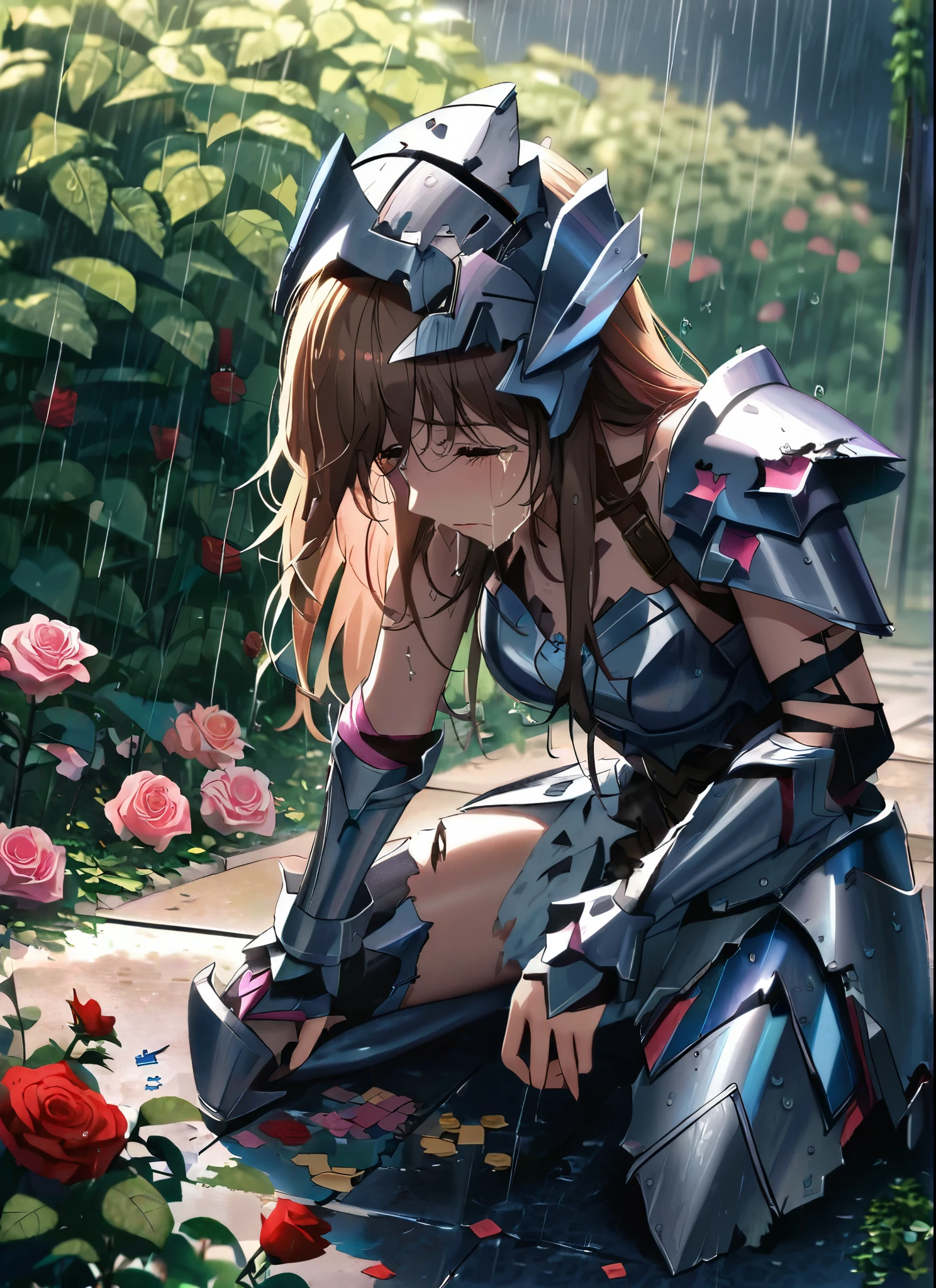 A girl, kneeling in the floor, wearing a ultra shattered and ultra broken cute lovely armor, lot of missing pieces, very damaged armor ,ripped clothes, broken helmet ,broken shield and broken sword, in tears, sad, dramatic scene, tears flowing in the face, garden, roses, rain, ultra detailed face