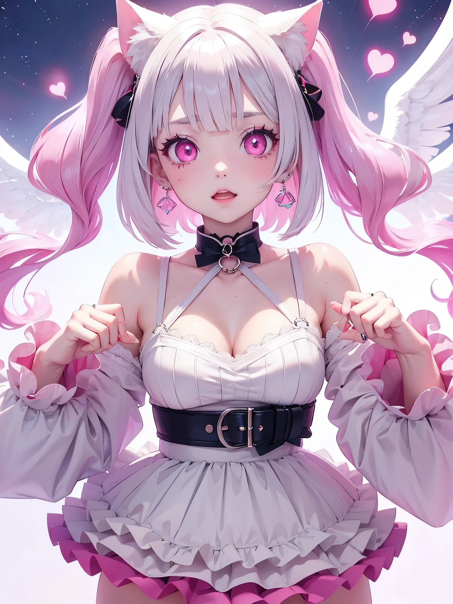 White hair. Short hair. Inner pink hair. Anime girl. Asian girl. Ulzzang. Pink eyes. Glowing eyes. Nekomimi.  