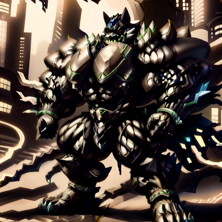 (monomasa),
nj5furry,
(masterpiece, best quality, detailed:1.2),
(solo),
(full body),
highly detailed, anime style, sharp shadows, shaded, soft lighting, (masterpiece:1.3),(best quality:1.4), (extreme detailed illustration), good anatomy, castle,
Heroic pose,
(big muscle:1.1), (big pecs:1.1), (thick arms:1.1), (sweaty:1.2),
big muscle (pecs, triceps, traps) unusually developed muscular body, body full of huge muscles. showing off muscles, pectorales enormes. Exaggeratedly huge muscles.
The claws are sharp, Sharp teeth,
black bodysuit, (rubber material:1.2),
black metal armor,
Wearing full plate armor, Its full plate armor emphasizes the muscles. a knight's mechanical armor, glowing wide and heavy armor,
He wears a black cloak on his back. The cloak is so long that it touches the ground,
futuristic city, venom
