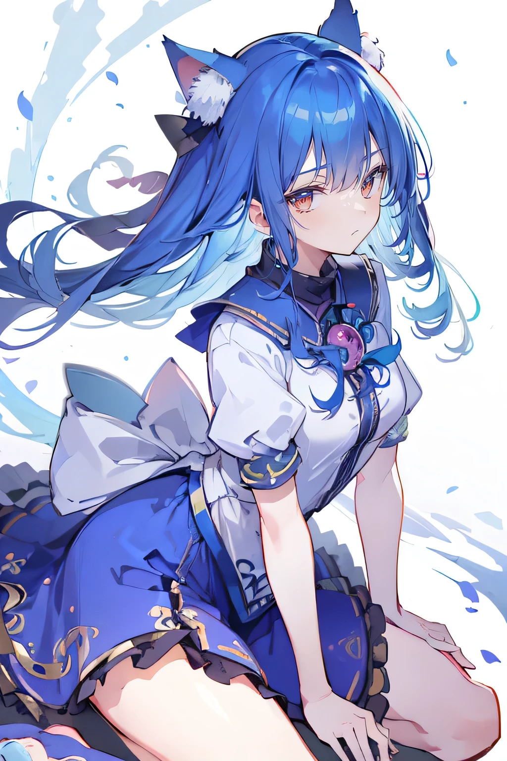 (best quality,4k,8k,highres,masterpiece:1.2),ultra-detailed,realistic,expressive eyes, fair-skinned, perfectly shaped face, 1girl, Japanese cartoons, Gorgeous blue hair, flowing blue hair, floating clothes, cat ears, petals falling, beautiful Lola, Hina Angel, hands on waist, gracefully sitting on the ground, legs crossed, gentle and serene background, cool and comfortable pavilion, snowing, winter.