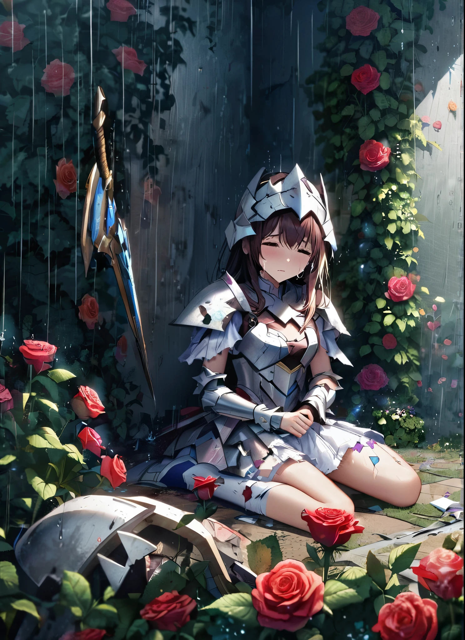 A girl, kneeling in the floor, wearing a ultra shattered and ultra broken cute lovely armor, lot of missing pieces, very damaged armor ,ripped clothes, broken helmet ,broken shield and broken sword, in tears, sad, dramatic scene, tears flowing in the face, garden, roses, rain, ultra detailed face