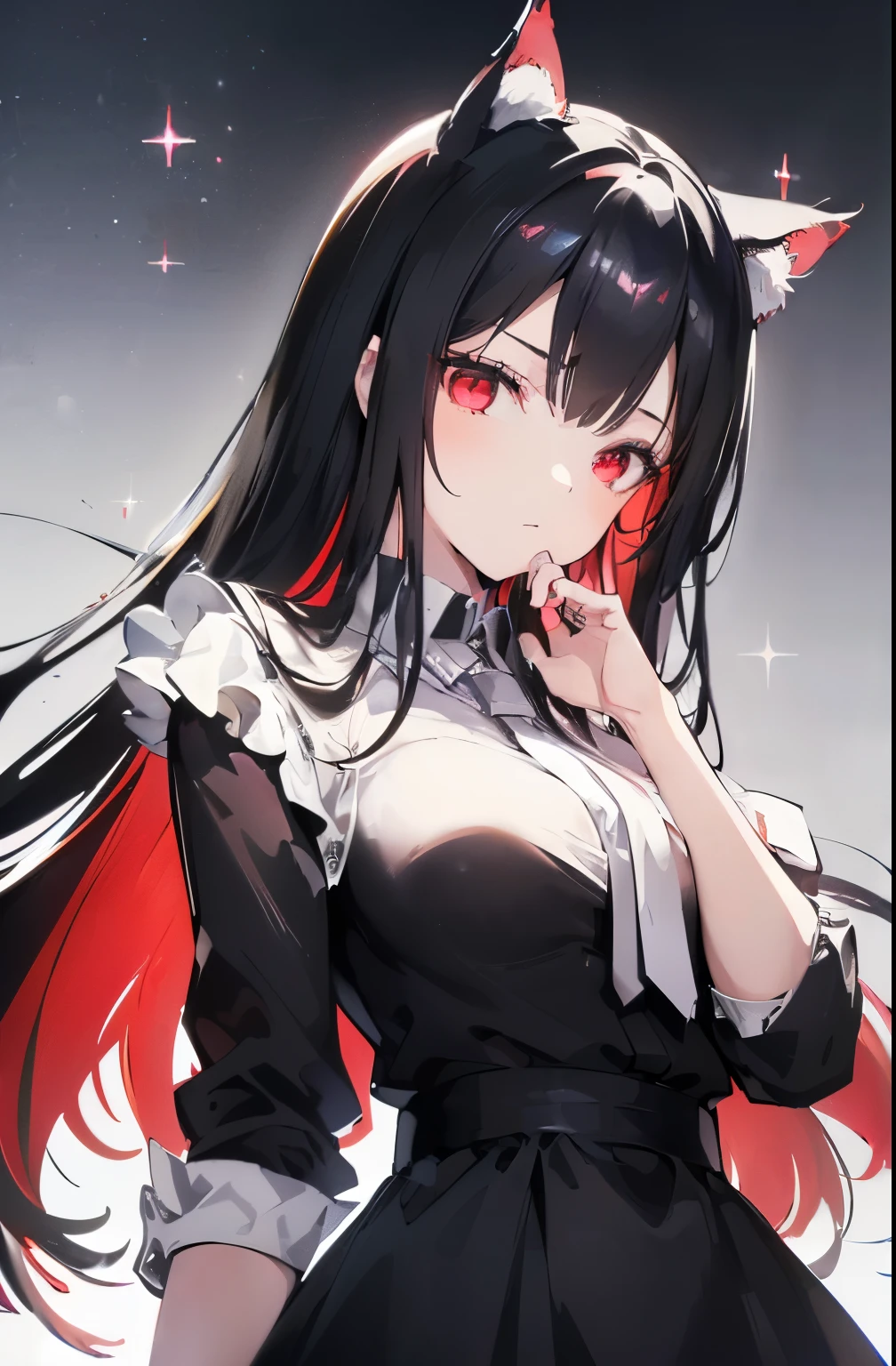 (Cat girl), (smoking), cat ears, black hair, business casual attire, cool, red dress shirt, pretty red eyes, cat tail, ((Crimson Red Eyes eyes: 1.3, Upturned Eyes: 1, Perfect Eyes, Beautiful Detailed Eyes, Gradient eyes: 1, Finely Detailed Beautiful Eyes: 1, Symmetrical Eyes: 1, Big Highlight On Eyes: 1.2)), (((Lustrous Skin: 1.5, Bright Skin: 1.5, Skin Fair, Shiny Skin, Very Shiny Skin, Shiny Body, Plastic Glitter Skin, Exaggerated Shiny Skin, Illuminated Skin))), (Detailed Body, (Detailed Face)), (((Skirt))), High Resolution, Sharp Focus, Ultra Detailed, Extremely Detailed, Extremely High Quality Artwork, (Realistic, Photorealistic: 1.37), 8k_Wallpaper, (Extremely Detailed CG 8k), (Very Fine 8K CG), ((Hyper Super Ultra Detailed Perfect Piece)), (((Flawless masterpiece))), Illustration, Vibrant Colors, (Intricate), High Contrast, Selective Lighting, Double Exposure, HDR (High Dynamic Range), Post-processing, Background Blur