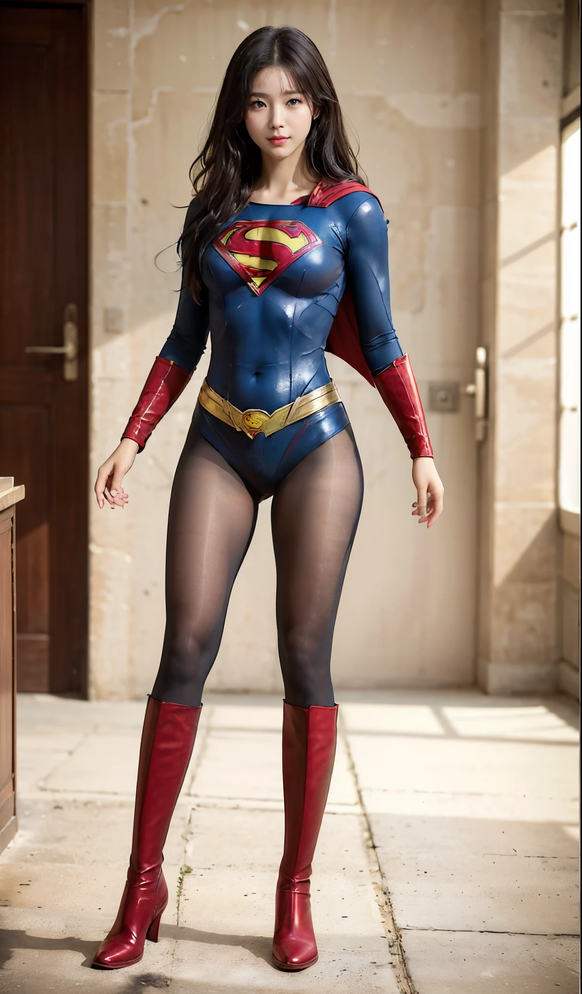 No background、(((Beautiful legs in black tights.)))、(((Legally express the beauty of your smile)))、((((Make the most of your original images)))、(((Supergirl Costume)))、(((Beautiful Hair)))、(((suffering)))、(((Please wear black tights....、Wear red boots)))、((Best image quality、8k))、((highest quality、8k、masterpiece:1.3))、(((Preserve background )))、Sharp focus:1.2、Beautiful woman with perfect figure:1.4、Slim Abs:1.2、Wet body:1.5、Highly detailed face and skin texture、8k