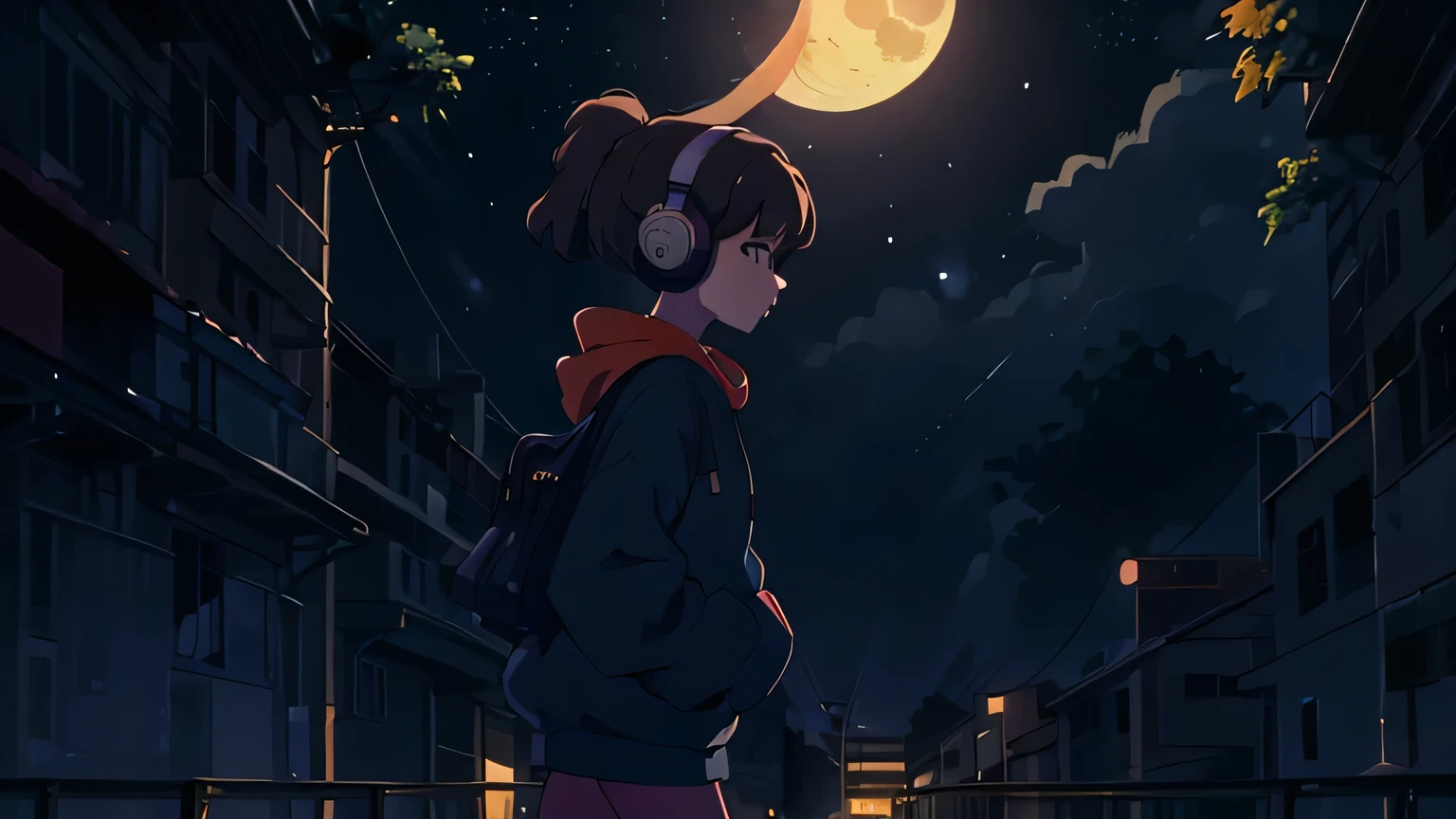 masterpiece, highest quality, One girl, 20-year-old,alone, Brown_hair,Bob Hair,Orange hoodie,Blue headphones, night, Walking the streets,Side shot, night sky, Abstract background, moon,The composition is on the left side of the figure.,Person facing right