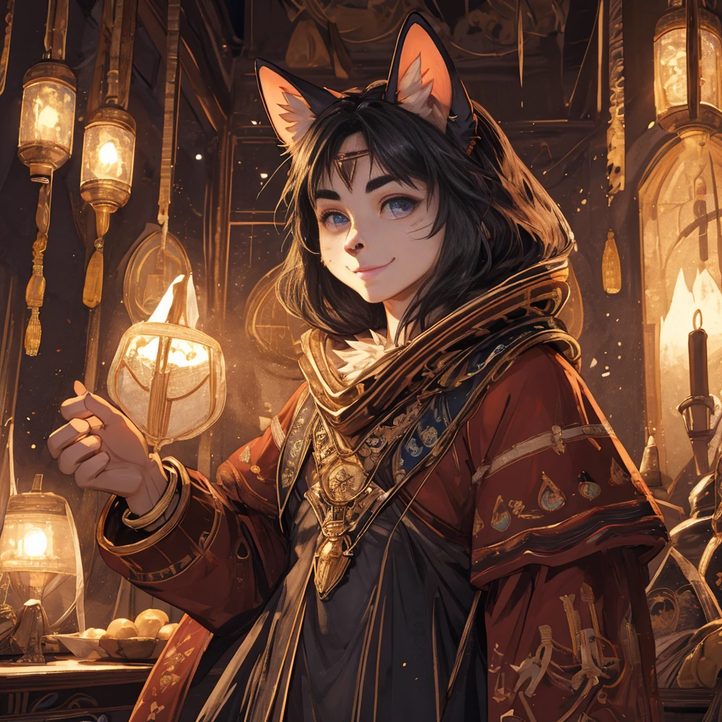 Cat Beastman、(サードアイのgirl)、highest quality、masterpiece、Ultra-high resolution、(Realistic:1.4)、Crisp and beautiful image quality、alone、girl、Forehead gem、Machinery Armor、cat ears girl、Third Eye、smile、close your eyes