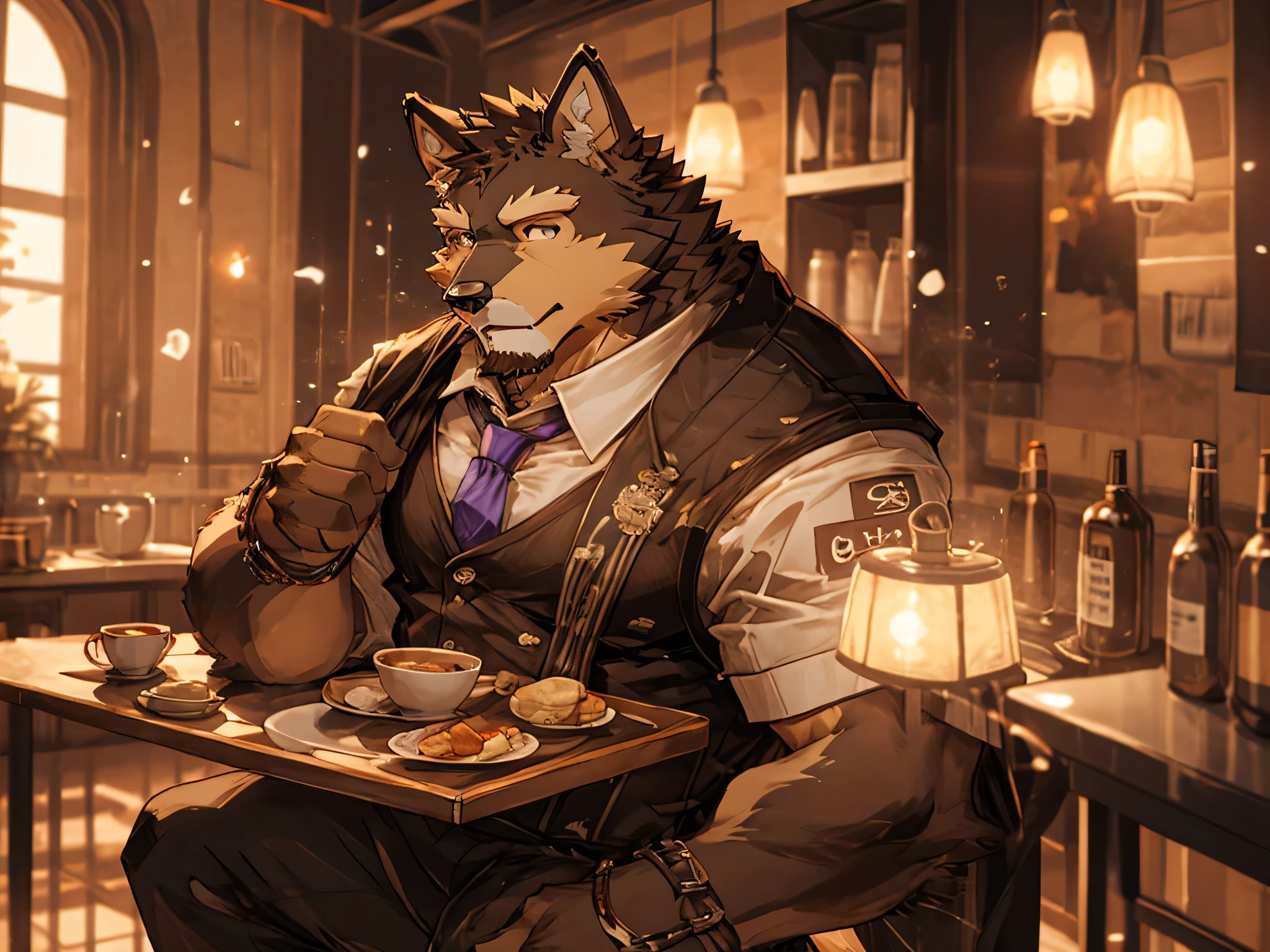 Publaz, Fluffy German Shepherd, Brown fur, Duotone, Purple delicate eyeshadow, Muscular body, Handsome, nice, Waiter Set, giggle, Cool pose, coffee, Lunch, Morning coffee room background.