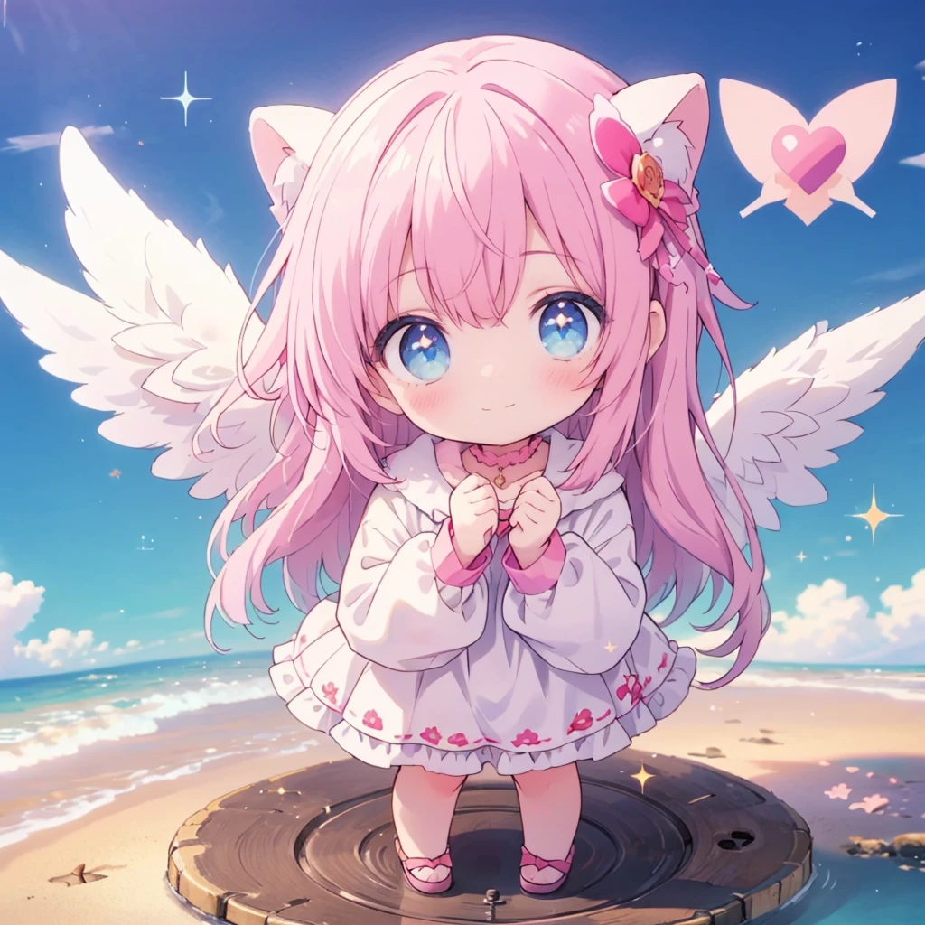 masterpiece、highest quality、Highest Resolution, 3D Rendering、The background is pink、From above at an angle、(Are standing:1.5)、Digital Art Style Baby Chibi, Big Head, ベビーPinkの髪，cute瞳，Adorable smile，Esbian all over、Pure、Pinkのロリータファッション、Spread the wings of love Cupid、Pink、Lovely、cute，Rosy Cheeks，Flowers sparkle，blue sky，Fantasy World，Depth of written boundary_shallow