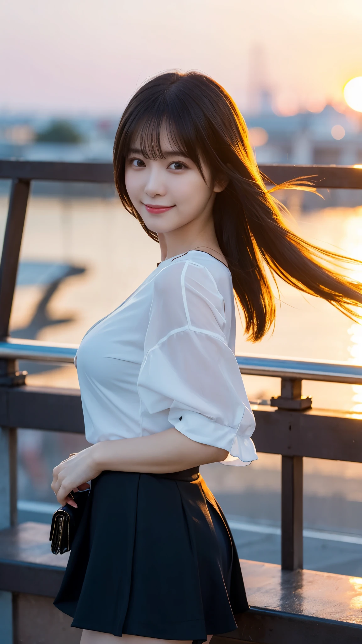 (highest quality,masterpiece:1.3,Ultra-high resolution),(Super detailed,Caustics,8k),(Photorealistic:1.4,RAW shooting),Japanese,23 years old,cute,Are standing,(A big smile),(Looking into the camera),Black Hair Middle Hair,Big Breasts,White blouse,Knee-length skirt,Strong winds,Hair blowing in the wind,Rooftop,Backlight,Sunset,Sunset sky,(Bust up shot),(Face Focus:1.1),(Face close up:1.1),Low position,Low - Angle,Natural light
