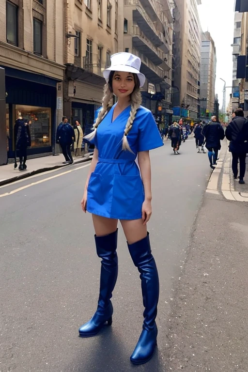 Enfermeira azarada,Nurse hat,(Fantasia de enfermeira branca),Scorpion Tip Blue Twist Braid,Fugir ,League of Legends ,corpo inteiro,(knee high boots)),legging coloshnet roxa),(standing),The backdrop is the city street,There is a feeling of danger and intensity。