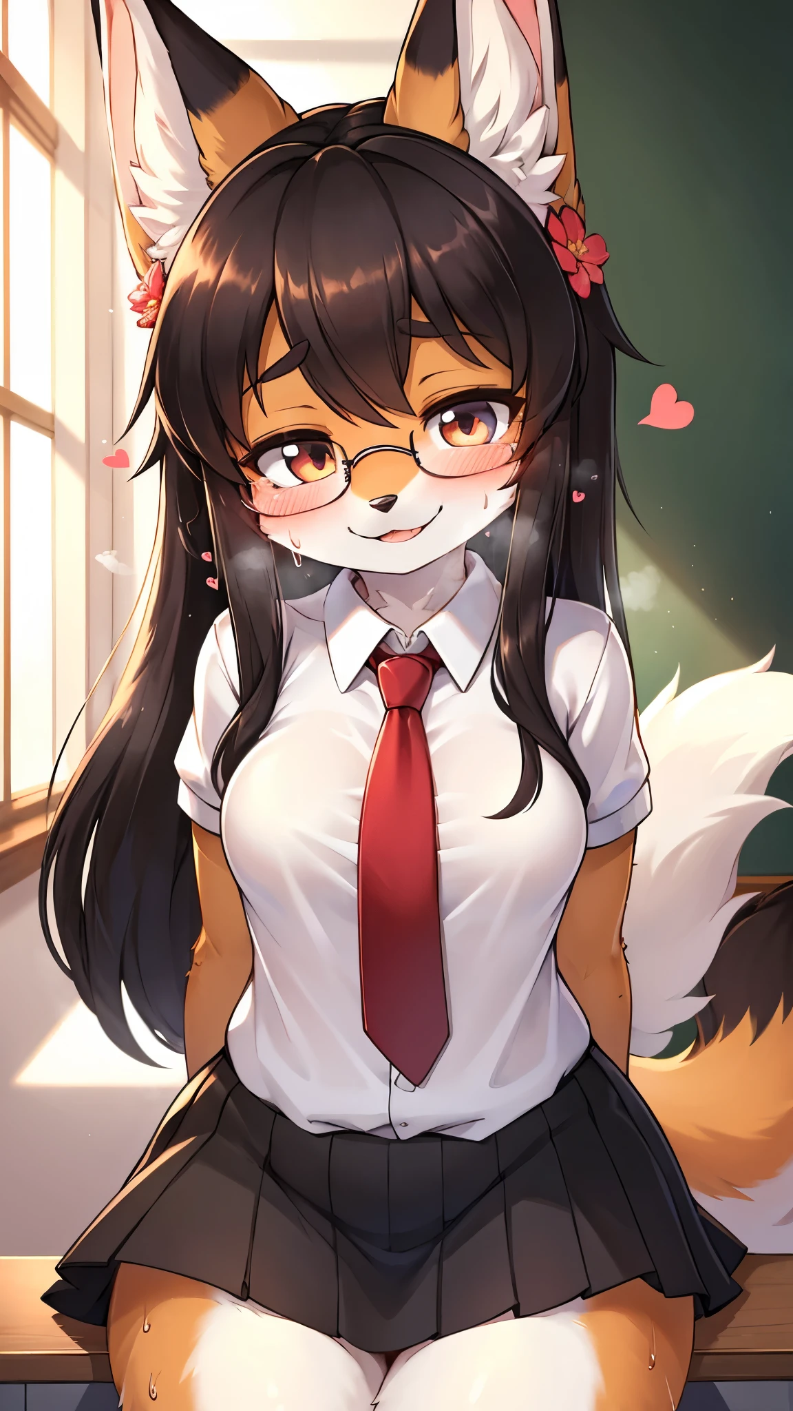 best quality,best resolution,(fluffy anthro furry :1.6),fox girl,black long hair,curvy hair,classroom,light and shadow,(white short arm shirt),red necktie,black skirt,white stocking,glasses,flower hairpin,looking at viewer,passionated face,smile,very close eyes,orgasm,full face blush,shy pose,heart eyes,heart expression eyes,close up,face to face,again window,heavy breath,front view,sweating