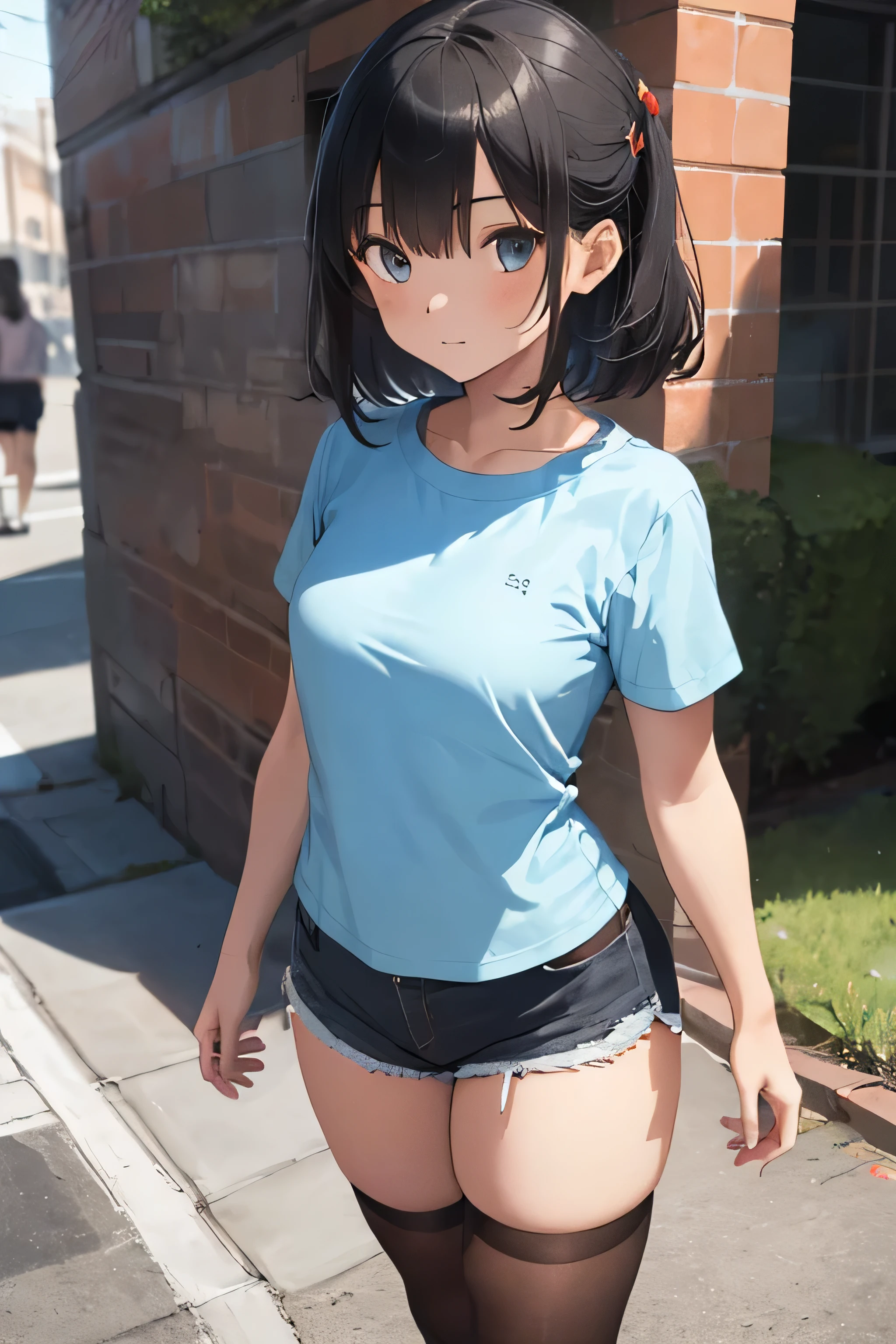 1 girl, (short sleeve, mini-shorts, black stockings, light blue t-shirt, tight clothing), perfect body, detailed face, detailed eyes, full body, image taken from afar