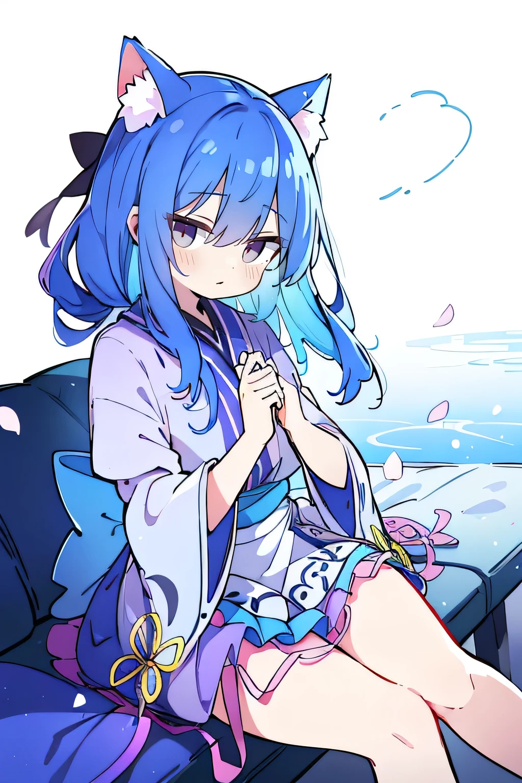 (best quality,4k,8k,highres,masterpiece:1.2),ultra-detailed,realistic,expressive eyes, fair-skinned, perfectly shaped face, 1girl, Japanese cartoons, Gorgeous blue hair, flowing blue hair, floating clothes, cat ears, petals falling, beautiful Lola, Hina Angel, hands on waist, gracefully sitting on the ground, legs crossed, gentle and serene background, cool and comfortable pavilion, snowing, winter.
