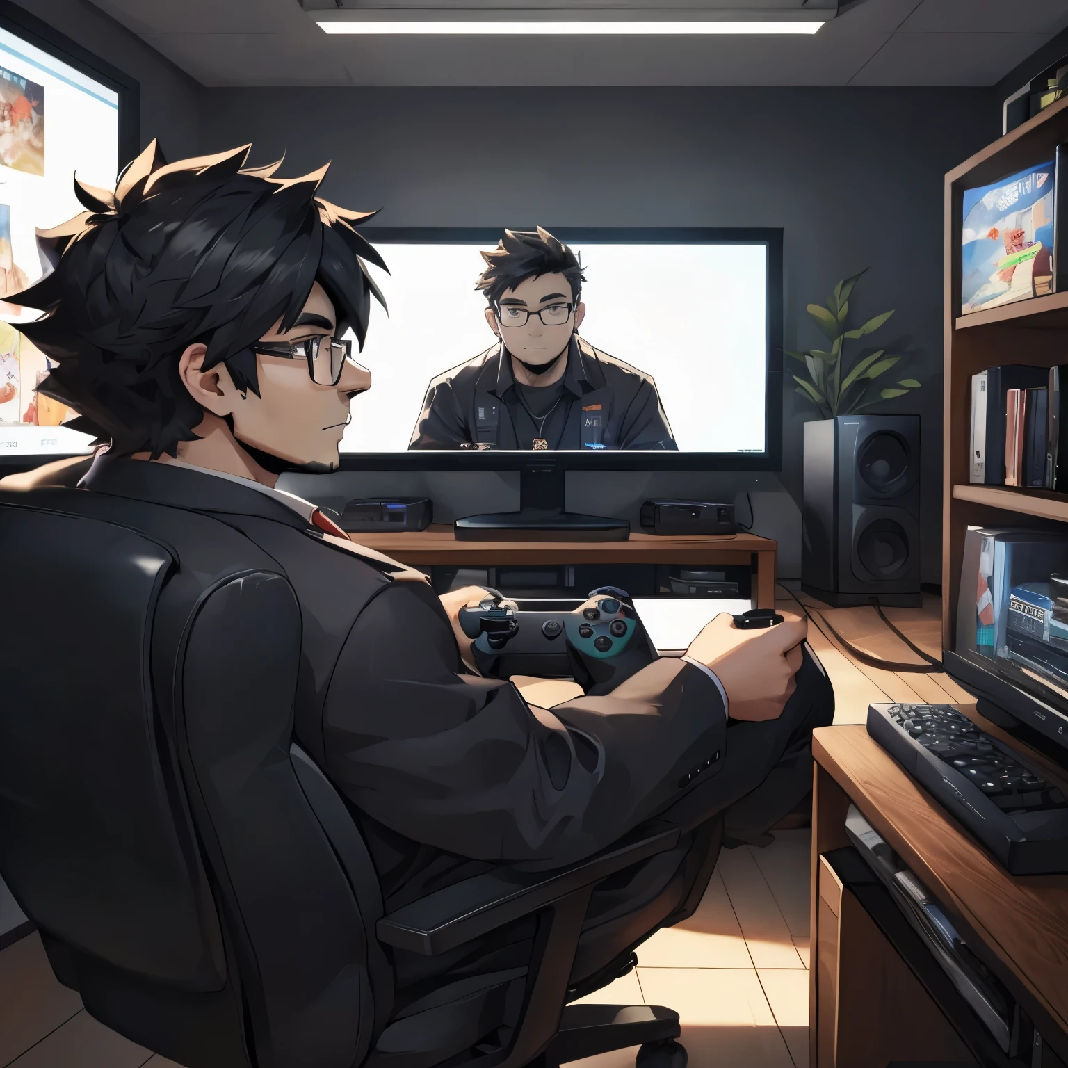 A man wearing glasses with black hair holding a video game controller looking straight ahead as if he is watching us. many tv screens and computers behind him, cabelo com topete humano