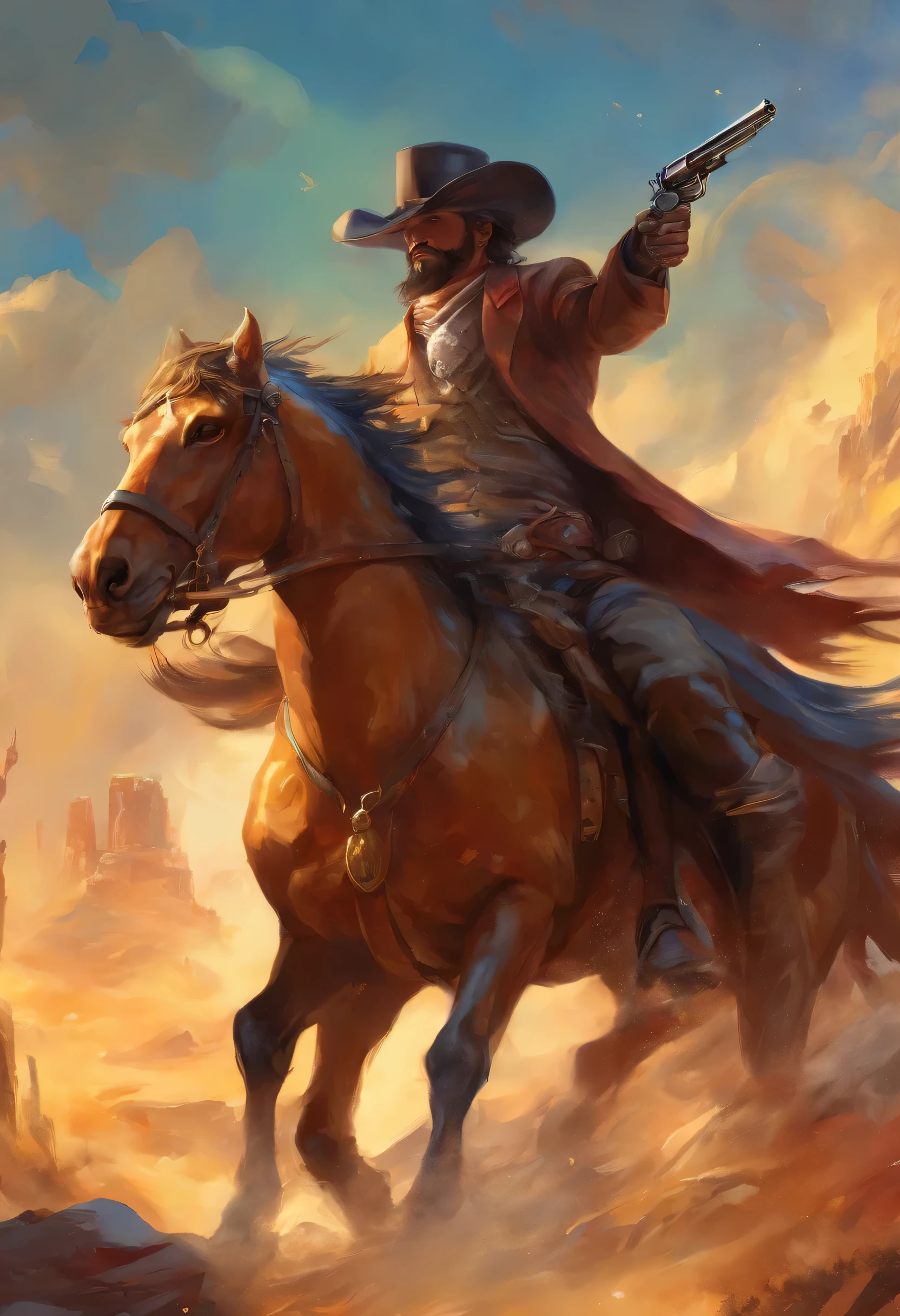 (Best quality,4K,A high resolution,Masterpiece:1.2), western wild west, oilpaint splashart revolver wuth one bullet in barrel