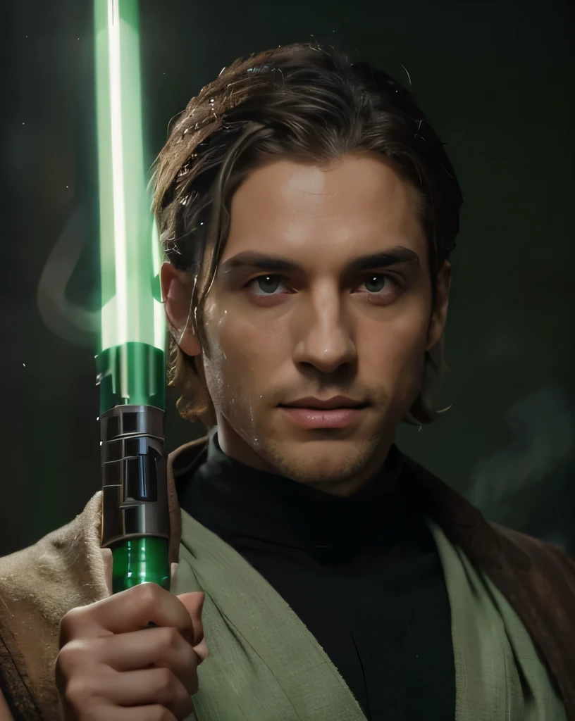 4k uhd portrait of handsome 40 year old desirable caucasian man with distinguished features, ((dressed as a Jedi holding a green light saber)). Athletic build, tall height, light brown medium length hair, clean cut haircut, ((intriguing green eyes)), ((black background, green backlighting with green fog which masterfully accentuates his excellent features)), Looking straight ahead at his seductive smile with a gentle expression, detailed depiction of facial features, perfectly symmetrical face, crisp details, ultra-fine rendering,