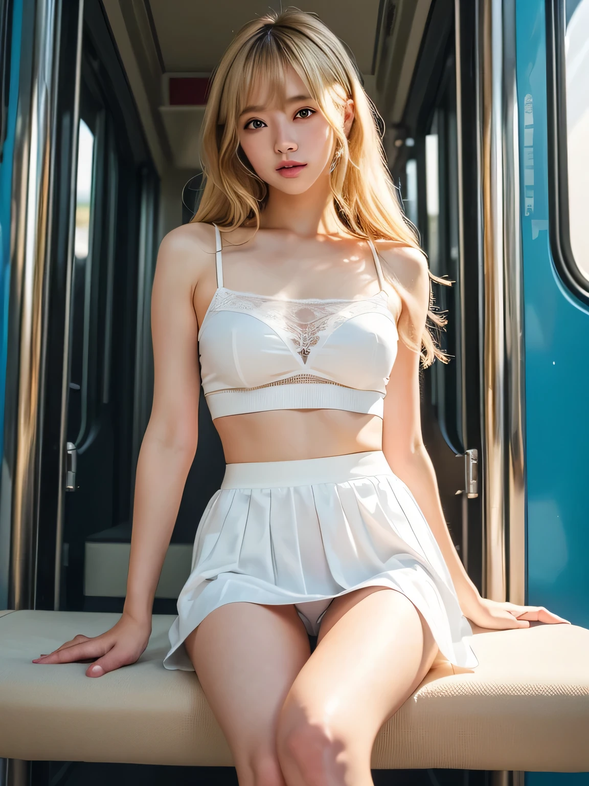 8K、Photo image masterpiece、highest quality、Super-resolution、Low angle image、Beautiful woman with golden curly hair、((Blonde beauty))、With bangs、Unbelievably cute face、And slim、Small breasts、High resolution、masterpiece、Exquisite Function 、Delicate eyes、Delicate blonde hair、8K quality、Pale light and shadow、Dindal effect、Disturbance blonde、With bangs、((A photo from the delicate feet)、(Detailed RAW photos of girls)、(Tabletop:1.25)、 (Highest quality:1.6)、(超High resolution:1.5)、(Real:1.75)、8k resolution、Canon EOS R5、50mm、Image from the foot、((Woman sitting in front of a train、Thigh Gap 、Direct light from below、Illuminate the inside of the skirt、Voyeur in skirt、Panty voyeur))、Japanese women、(Sheer white skirt、I can see your underwear、Tube top、Crop top、)、One beautiful girl、((( String panty shot)))、Fair skin、cute、Embarrassing、Super Beauty、Disturbance、Ultra-fine、Cinema Lighting、Skirt peeking、String panty voyeur、