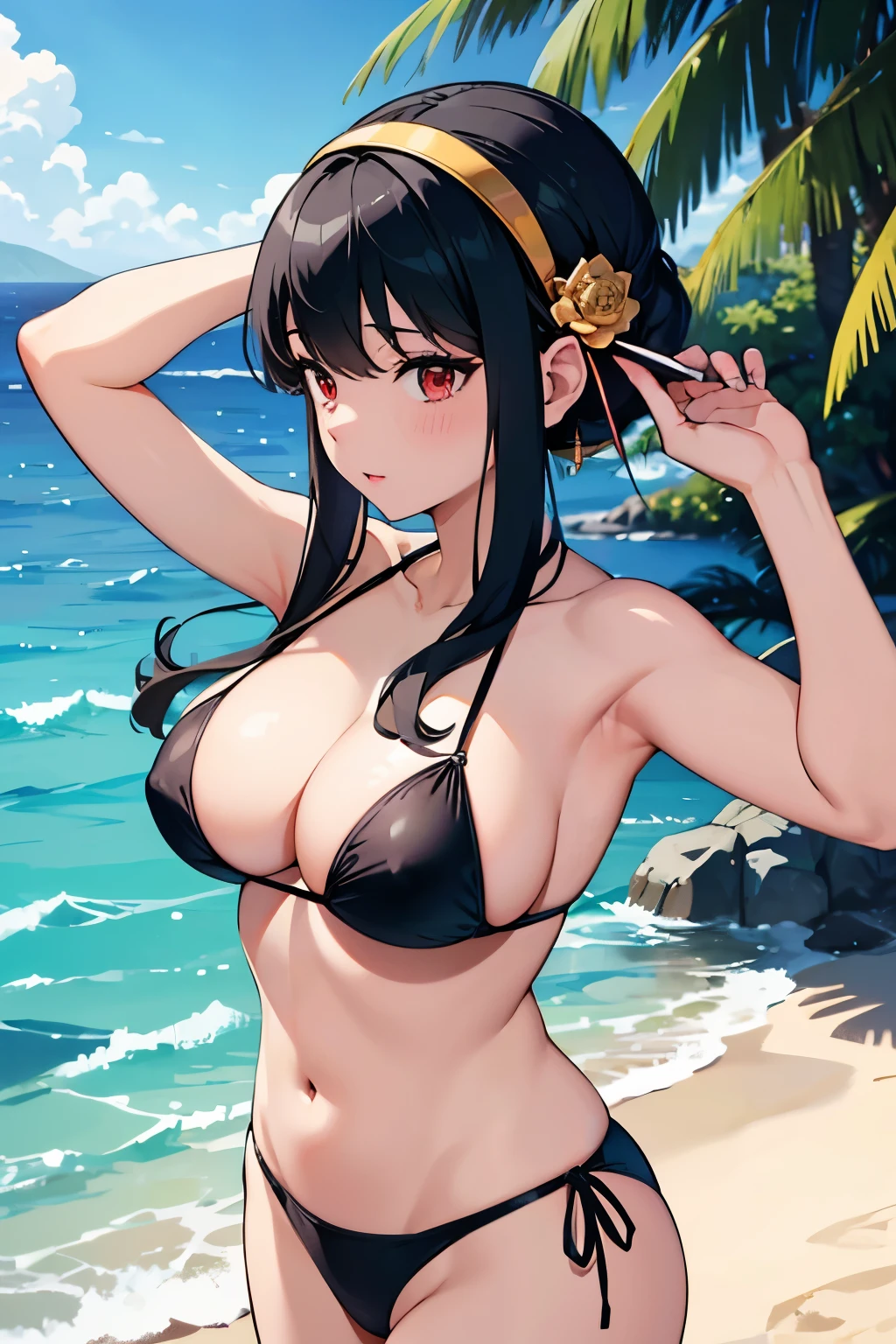 masterpiece, best quality, highres, aayorf, sidelocks, black hairband, hair ornament, red eyes, gold earring, large breasts, black bikini, cowboy shot, standing, beach, from side,