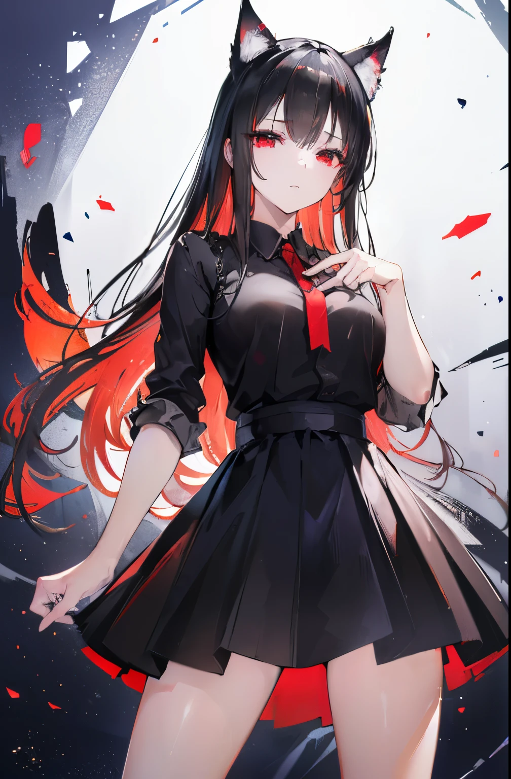 (Cat girl), (smoking), cat ears, black hair, business casual attire, cool, red dress shirt, pretty red eyes, cat tail, ((Crimson Red Eyes eyes: 1.3, Upturned Eyes: 1, Perfect Eyes, Beautiful Detailed Eyes, Gradient eyes: 1, Finely Detailed Beautiful Eyes: 1, Symmetrical Eyes: 1, Big Highlight On Eyes: 1.2)), (((Lustrous Skin: 1.5, Bright Skin: 1.5, Skin Fair, Shiny Skin, Very Shiny Skin, Shiny Body, Plastic Glitter Skin, Exaggerated Shiny Skin, Illuminated Skin))), (Detailed Body, (Detailed Face)), (((Skirt))), High Resolution, Sharp Focus, Ultra Detailed, Extremely Detailed, Extremely High Quality Artwork, (Realistic, Photorealistic: 1.37), 8k_Wallpaper, (Extremely Detailed CG 8k), (Very Fine 8K CG), ((Hyper Super Ultra Detailed Perfect Piece)), (((Flawless masterpiece))), Illustration, Vibrant Colors, (Intricate), High Contrast, Selective Lighting, Double Exposure, HDR (High Dynamic Range), Post-processing, Background Blur