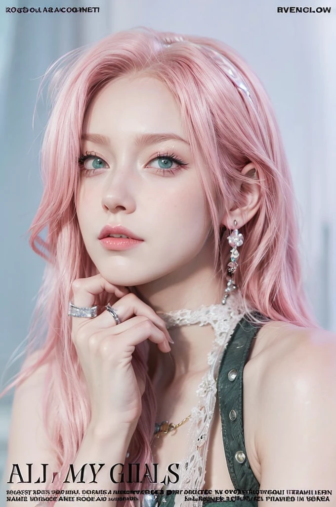 young woman, short shoulder-length pink hair, wide forehead, porcelain skin, pink eyebrows, big emerald green eyes, buttoned nose, full lips, heart-shaped face, slender body, small breasts, red tank top, Sakura Haruno , realistic, realism, details, 3d, well detailed