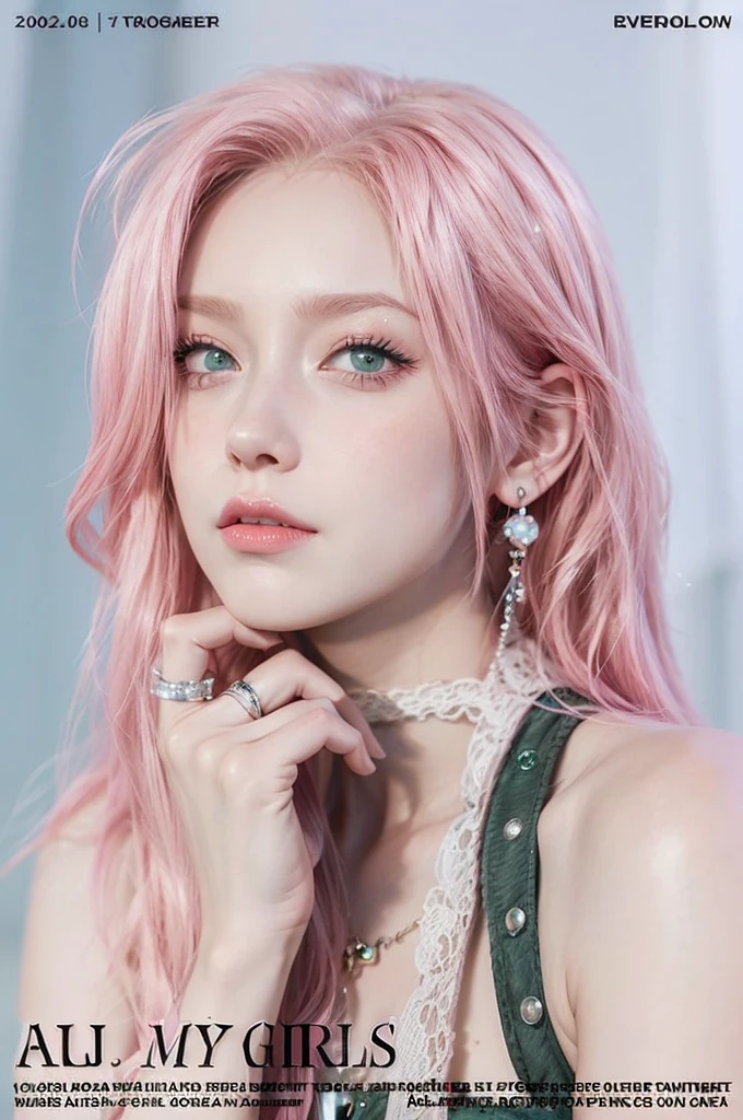 young woman, short shoulder-length pink hair, wide forehead, porcelain skin, pink eyebrows, big emerald green eyes, buttoned nose, full lips, heart-shaped face, slender body, small breasts, red tank top, Sakura Haruno , realistic, realism, details, 3d, well detailed
