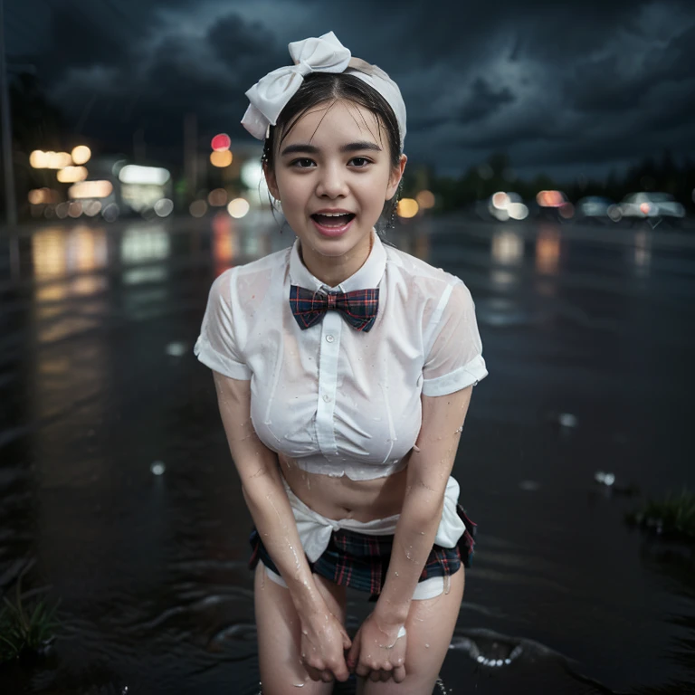 (highest quality、8k、High resolution、masterpiece:1.ung and beautiful woman、Big Breasts、(Spread your legs)、(Squat)、(Excited expression)、(White shirt、A bow tie、tartan mini skirt、White panties:1.3)、(Heavy rain is pouring down from the dark clouds:1.6)、(Motion Blur Effect:1.5)、(Wet body)、Busy street at night、neon、(Looking at the camera)、