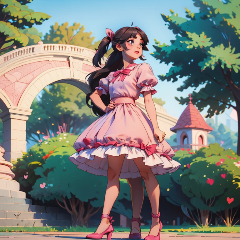 A beautiful girl with mid length hair in a half pony and she has a side bangs. Her eyes are chinky, nose is high and small and she has a heart shaped lips. She is wearing a beautiful pink dress and a very cute shoes with ribbon and she is in the park.