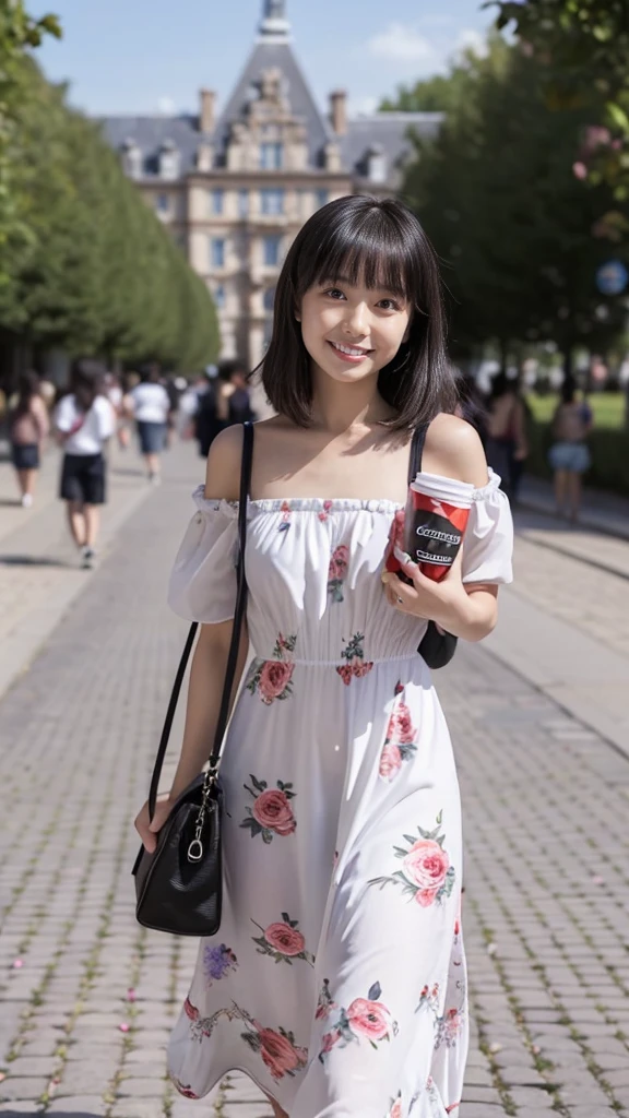 masterpiece, highest quality, disorganized, perfect ???????, 1 girl, alone, pascal tales, short hair, beautiful, Hilarious, sunny day, botanical garden, Summer winds, sundress, Floral, wavy hair, smile