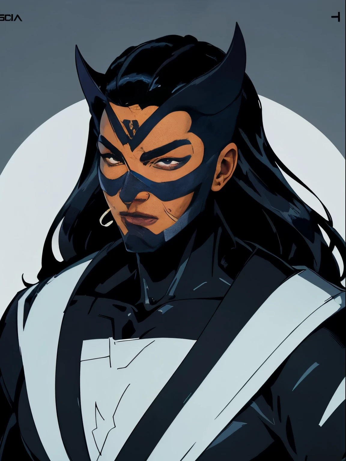Face shot, (cel-shading style:1.3), Centered image, Super detailed illustration of a superhero character, Original and very cool, A serious expression man with with glowing eyes, wild and scary, very fierce, wearing shiny silver minimal metal mask that covers mouth only. Ink puncture, (sloping:1.1), strong contours, Art by Alphonse Mucha, Empty white backgroundTrace in bold, no-frame, High contrast, (Cell shade:1.1), vector, 32K resolution, Best Quality, flat-colors, Flat light. Very detailed and intricate. Portrait close up