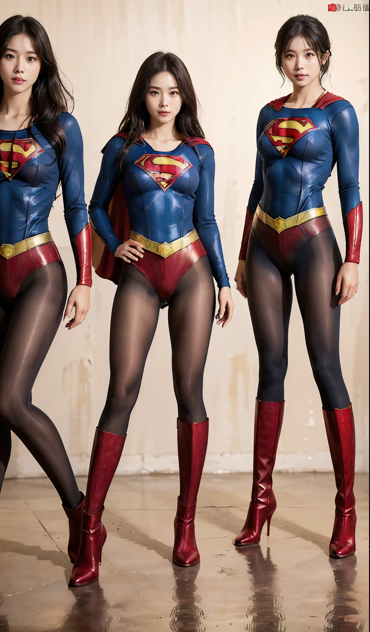 No background、(((Beautiful legs in black tights.)))、(((Legally express the beauty of your smile)))、((((Make the most of your original images)))、(((Supergirl Costume)))、(((Beautiful Hair)))、(((suffering)))、(((Please wear black tights....、Wear red boots)))、((Best image quality、8k))、((highest quality、8k、masterpiece:1.3))、(((Preserve background )))、Sharp focus:1.2、Beautiful woman with perfect figure:1.4、Slim Abs:1.2、Wet body:1.5、Highly detailed face and skin texture、8k