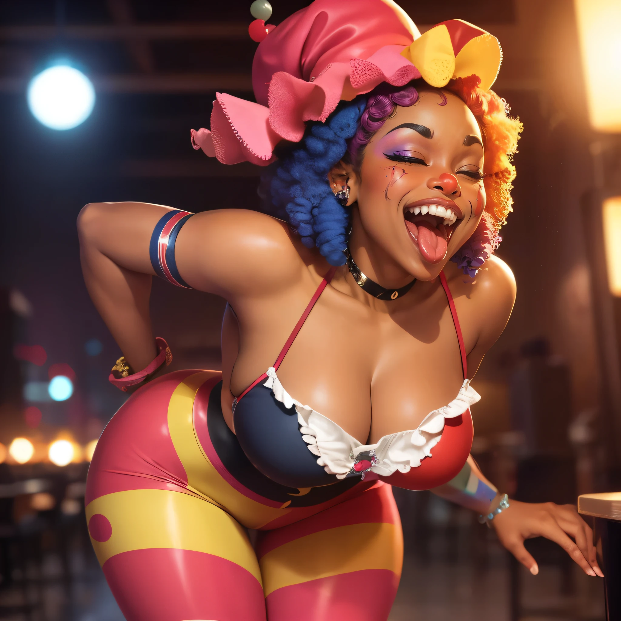 (Ebony), clown, (eyes closed),  laughing with tongue out, sexy, thicc