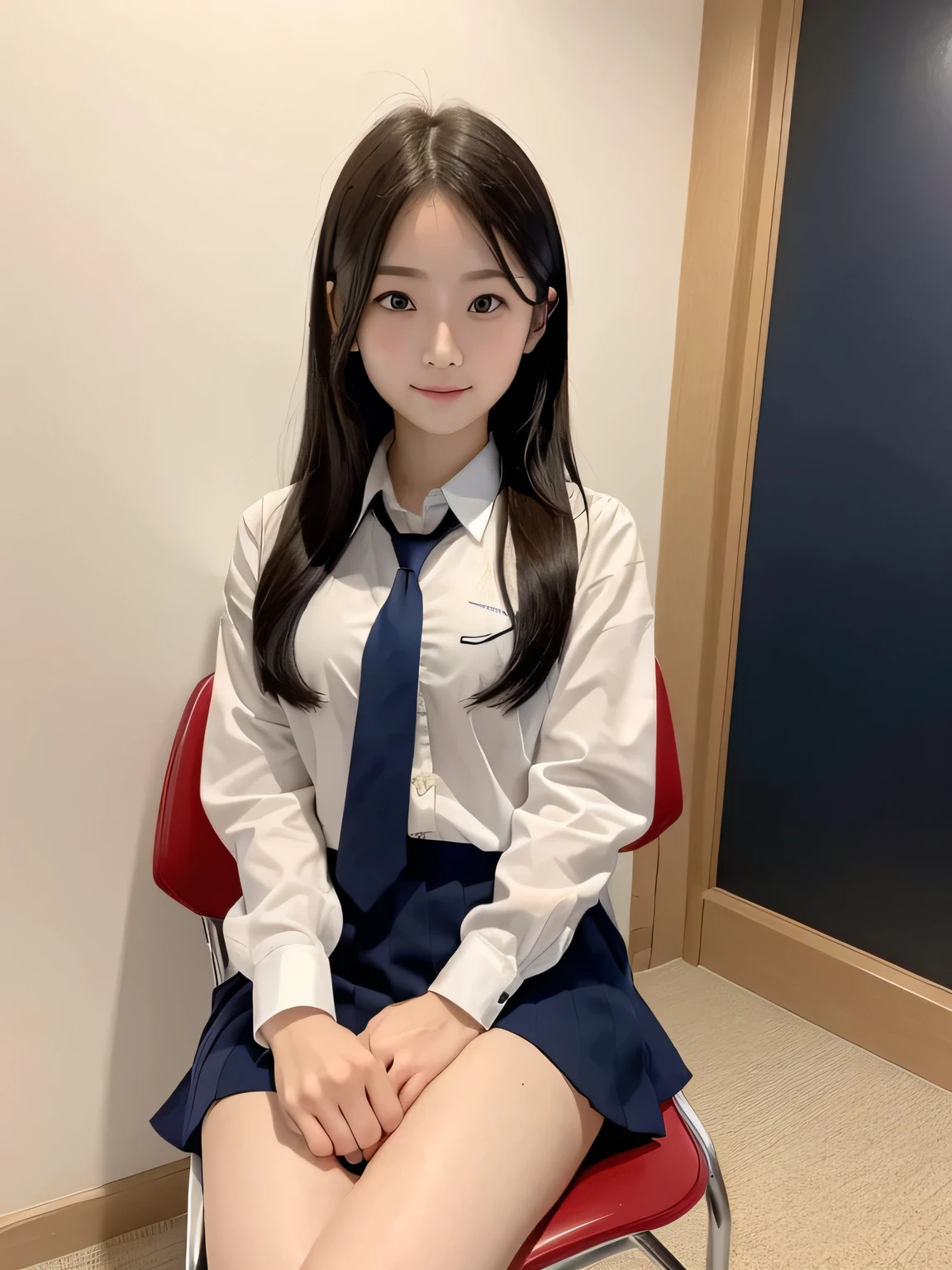 one person、one person、An 18-year-old high school girl poses for a photo shoot in a short-sleeved white sailor uniform、victory、Tsundere、masterpiece、High-level image quality、Sharp focus)、White shirt、Navy blue tie、Navy and red checked mini skirt、cute、Japanese women、18-year-old、sexy、Laughter、(Perfect Anatomy、Delicate and beautiful hands and feet)、Yellow wall,Small breasts、Nogizaka Idol、Slender figure、sexy、Sitting in a chair、Thighs