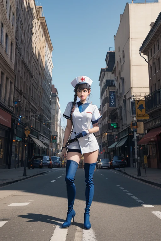 Enfermeira azarada,Nurse hat,(Fantasia de enfermeira branca),Scorpion Tip Blue Twist Braid,Fugir ,League of Legends ,corpo inteiro,(knee high boots)),legging coloshnet roxa),(standing),The backdrop is the city street,There is a feeling of danger and intensity。