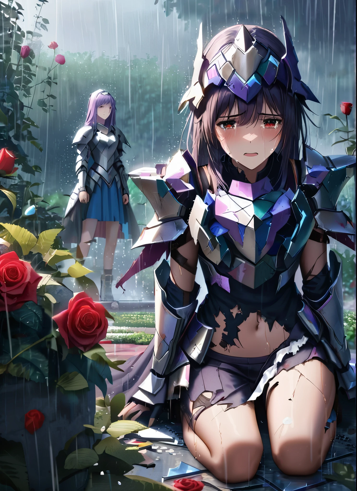 three girls, kneeling in the floor, wearing a ultra shattered and ultra broken cute skimpy princess armor, lot of missing pieces, very damaged armor ,ripped clothes, broken helmet ,broken shield and broken sword, in tears, sad, dramatic scene, tears flowing in the face, garden, roses, rain, ultra detailed face