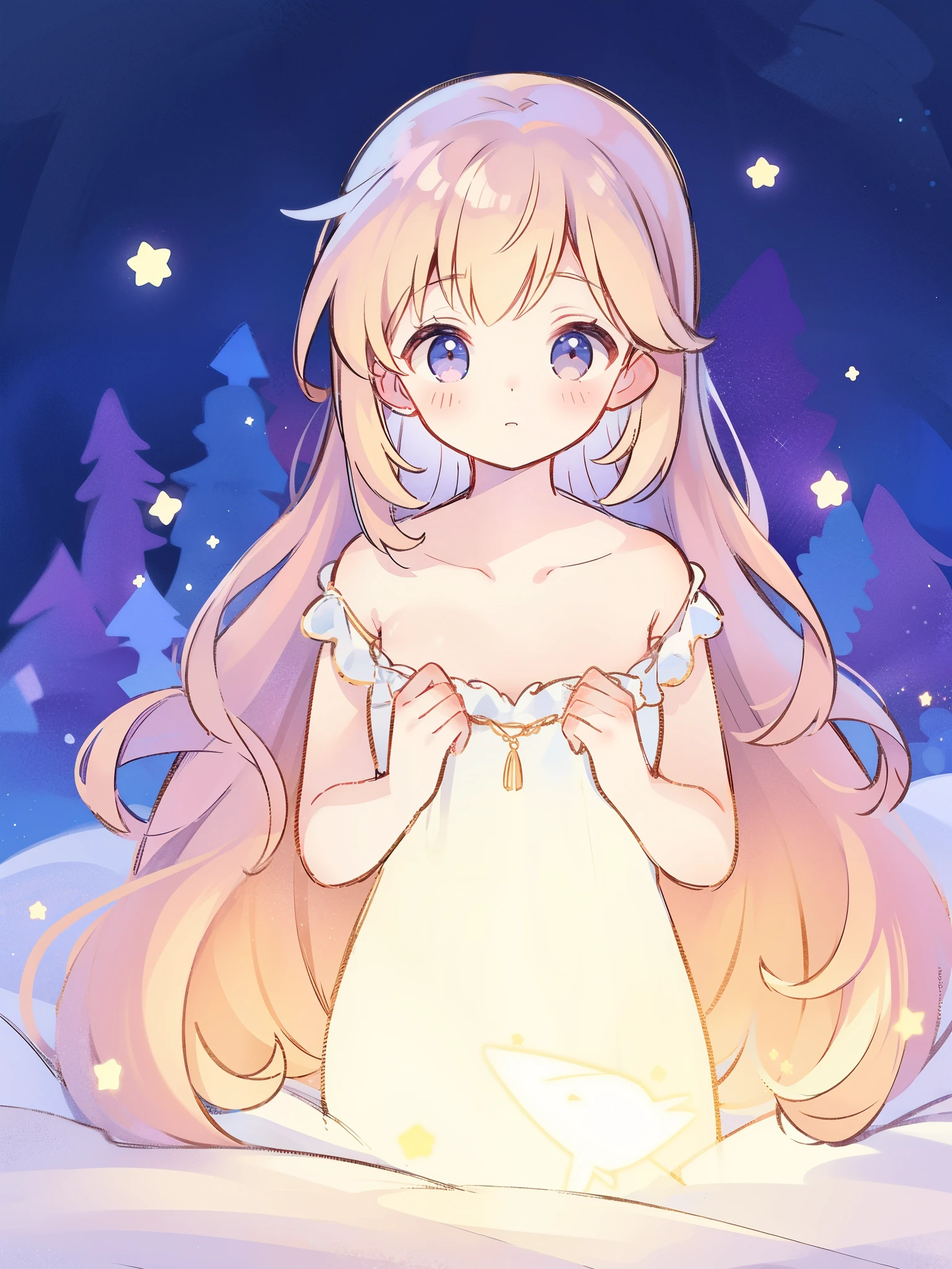 wishing star background, woman surrounded by flowing translucent fabric that reflects the stars, glowing star in front of woman's chest, magical, complex drawing, highly detailed, ethereal, starry night, midjourney style