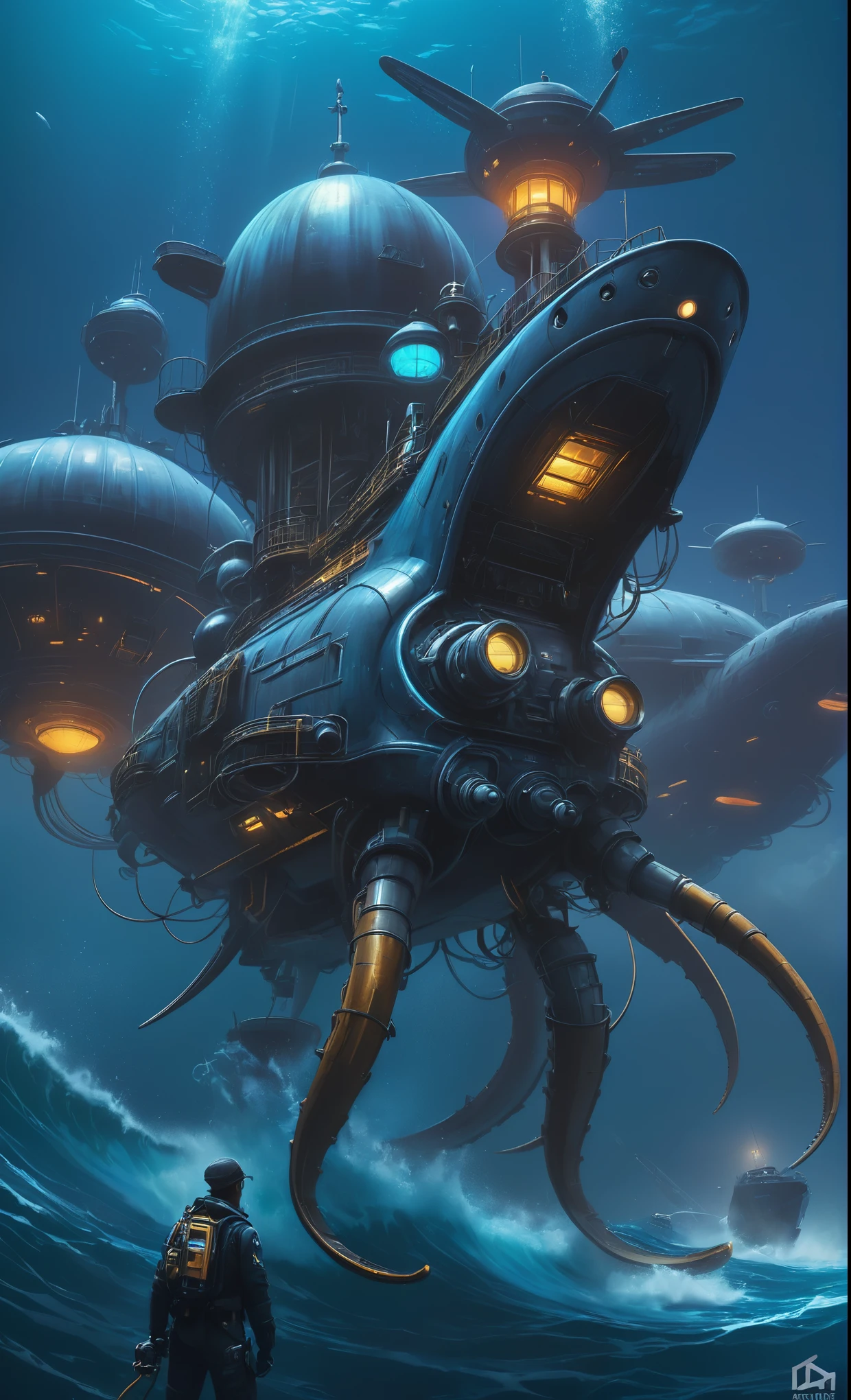 Nazare Subnautica vol.2 - New Nazare, by Luis Duarte, Nanopunk, blue shading, Nazare style, Element Water, Mythpunk, Graphic Interface, Space Art, Sci-Fic Art, Dark Influence, NijiExpress 3D v3, Kinetic Art, Datanoshing, Oilpainting, Ink v3, Splash style, Abstract Art, Abstract Tech, Cyber Tech Elements, Futuristic, Epic style, Illustrated v3, Deco Influence, AirBrush style, drawing
