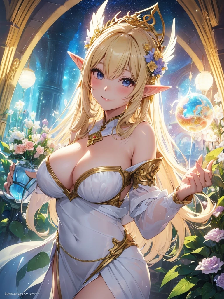 最high quality、1girl ELF
NP: worst quality ,flower fractal art,
rule of thirds composition,
beautiful glow,
romanticism,ANGEL wing
the most beautiful form of chaos, various colors, entangled flower, Particle,magical gentle light,smile,sexy,Image quality、masterpiece、Beautiful Face、Super beautiful elf girl((22 year old office lady with big breasts、Bust 90,Beautiful long ironed hair、blonde、height: 165cm。、sexy、Esbian、Beautiful tiara、Night with a glass、high quality、美しいart、galactic creation、background((星nullスキー)))、ビジュアルart、Written boundary depth、、Elf Ears、、Lightのmagic、universe、Happy smile、穏やかなLight、Elven Forest、elegant、ticker beautiful decorative、flower瓶、magicのflower、光を作るmagic、Light、Earth、 null、Beautiful dressy、Beautiful dress、table、giant galaxy、myth、art、、sexy、A kind smile、wonderful、舞い散るflowerびら、Spectacular landscapes、Beautiful Landscape、universeのmagic、magicのLight、Fantasy、flower、super REALITY、magic、universeを飛ぶ、、Grow Fantasy、、mysteryのLight、Byzantine、Art Nouveau、Elven Nation、 たくさんのflower、、art、art,mystery,Ultra-high resolution,magicalgentle light,sexy、Marble pillar、golden decoration