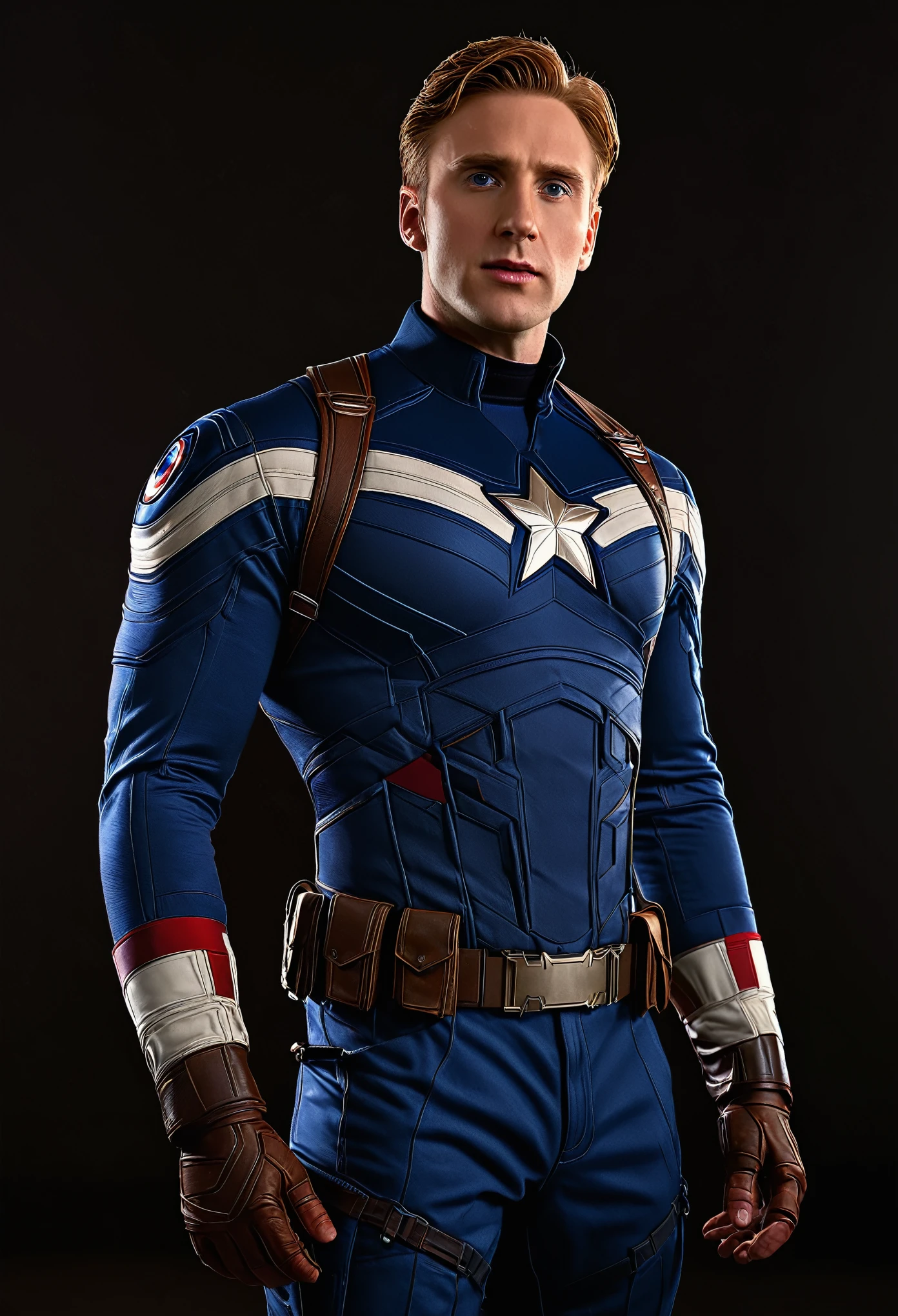 (raw photo:1.2), (photorealistic:1.4), Character Steve Rogers wearing Captain America's outfit, without the mask, very detailed eyes and face, beautiful detailed eyes, full body, 4k resolution, high quality model, high detail, high definition, light on the face, cinematic lighting  
