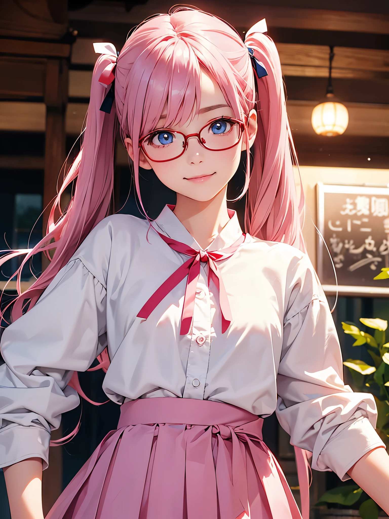 highest quality、Realistic、girl、Japanese、zoom、look up、cute、smile、Blue Eyes、Pink hair、Glasses、Twin tails、White blouse、Red ribbon、Gray culotte skirt、slender、Small breasts、Face close-up