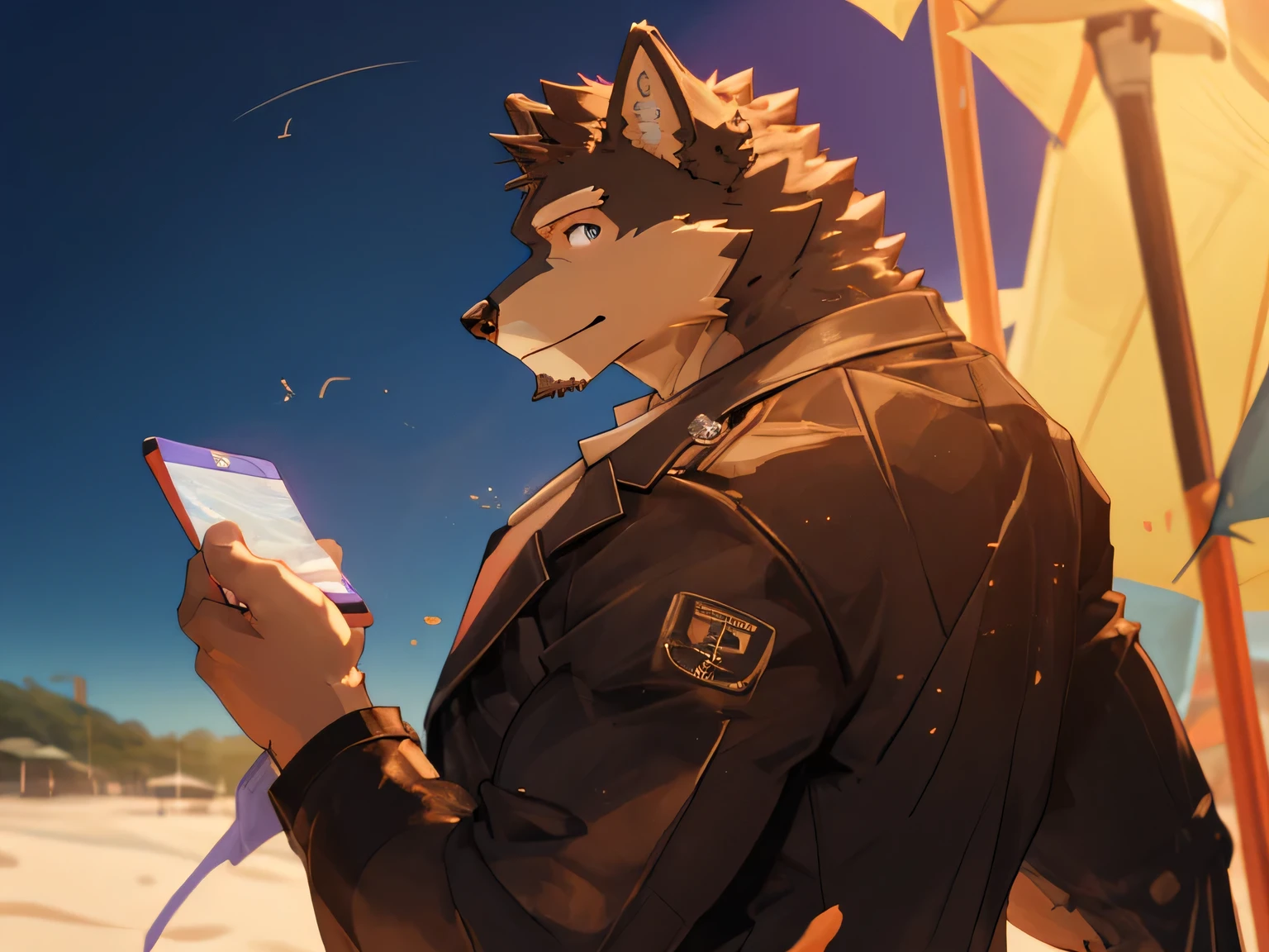 Publaz, Fluffy German Shepherd, Muscular body, Perfect eyes, Handsome, nice, ,Smile, Cool pose, Beach Background,Rear side light,warm sunlight。